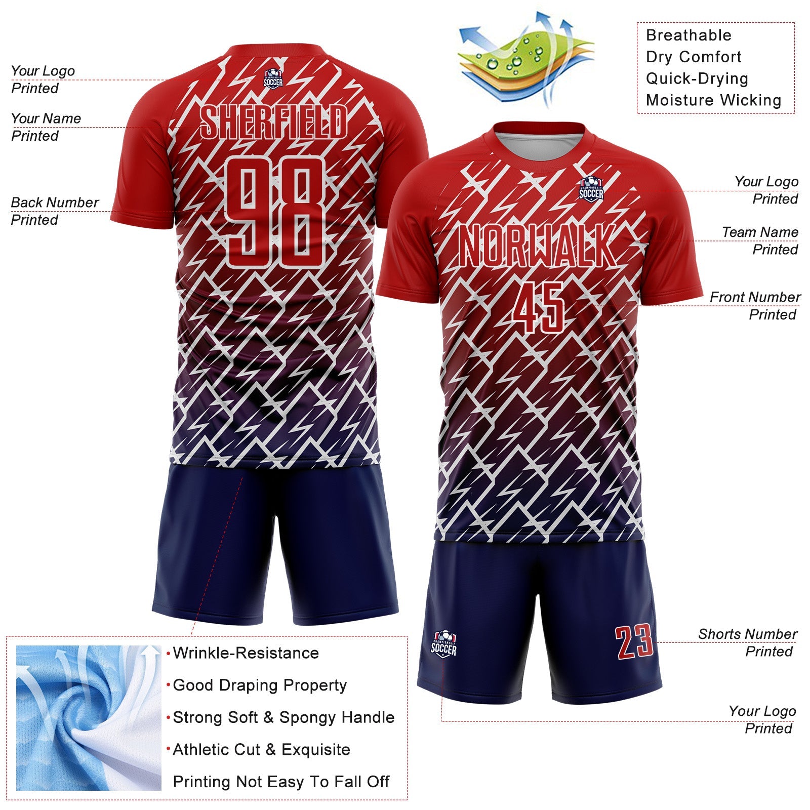 Custom Red Navy-White Lightning Sports Sublimation Soccer Uniform Jersey
