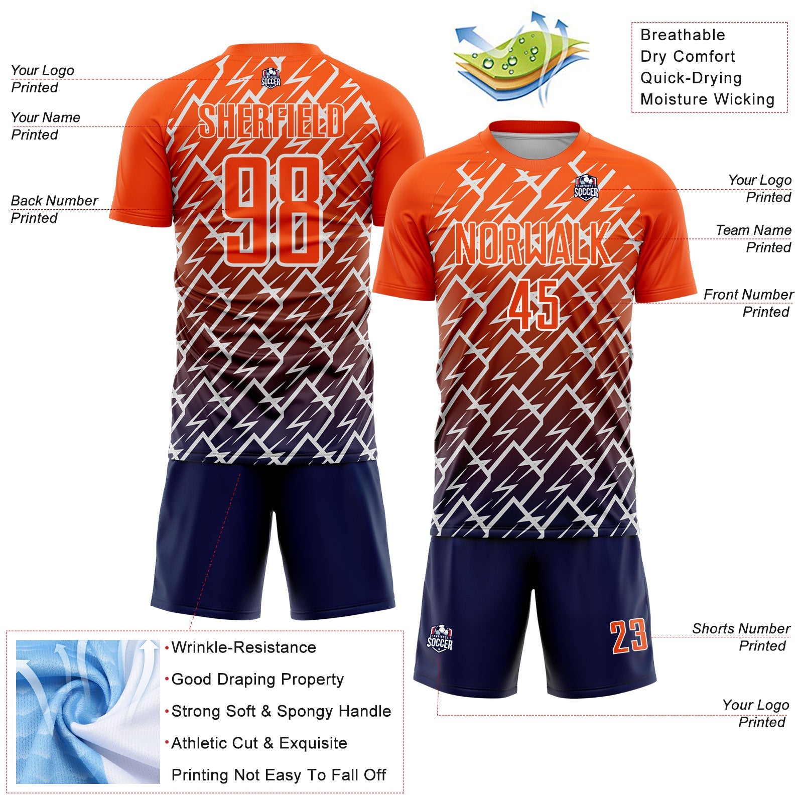Custom Orange Navy-White Lightning Sports Sublimation Soccer Uniform Jersey