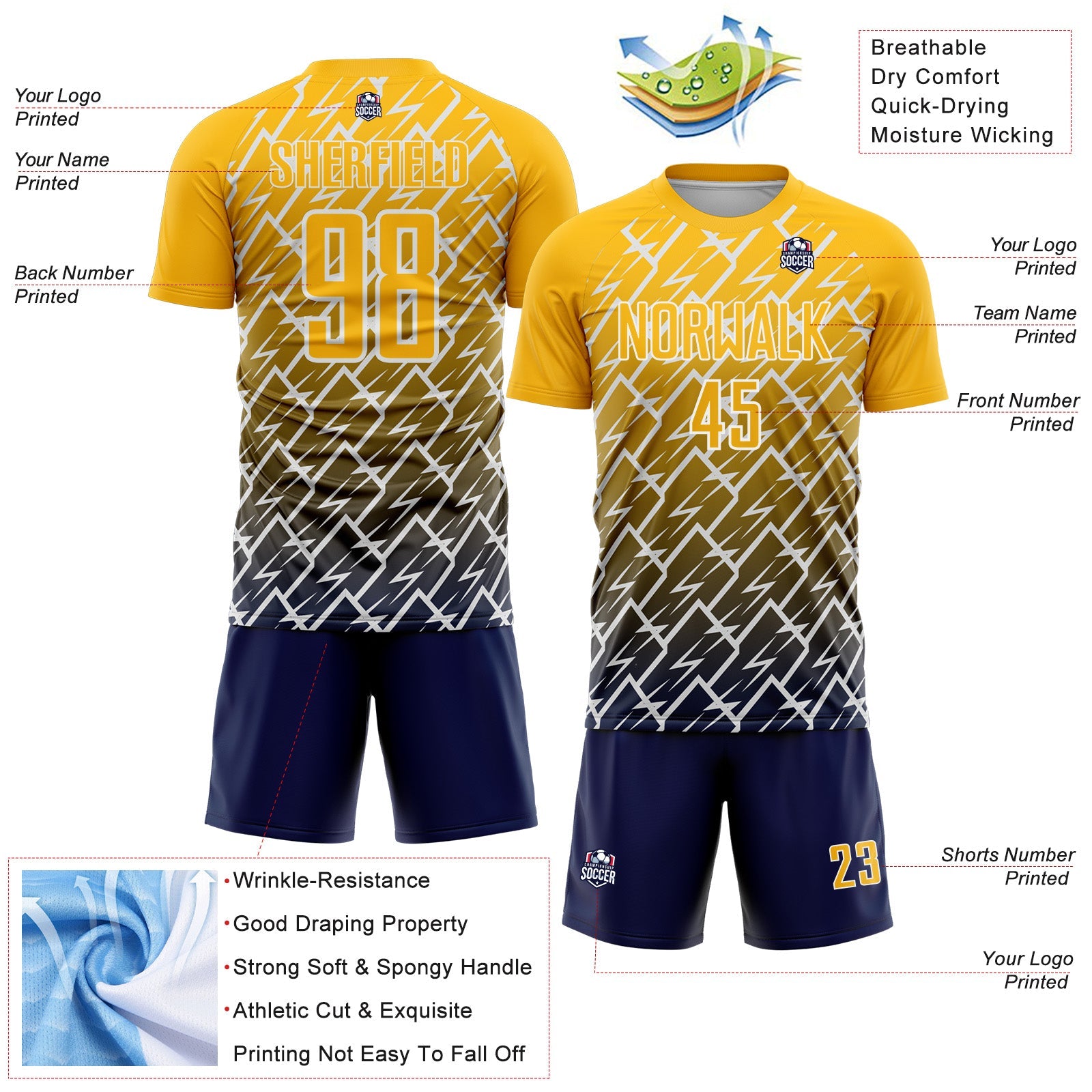 Custom Gold Navy-White Lightning Sports Sublimation Soccer Uniform Jersey