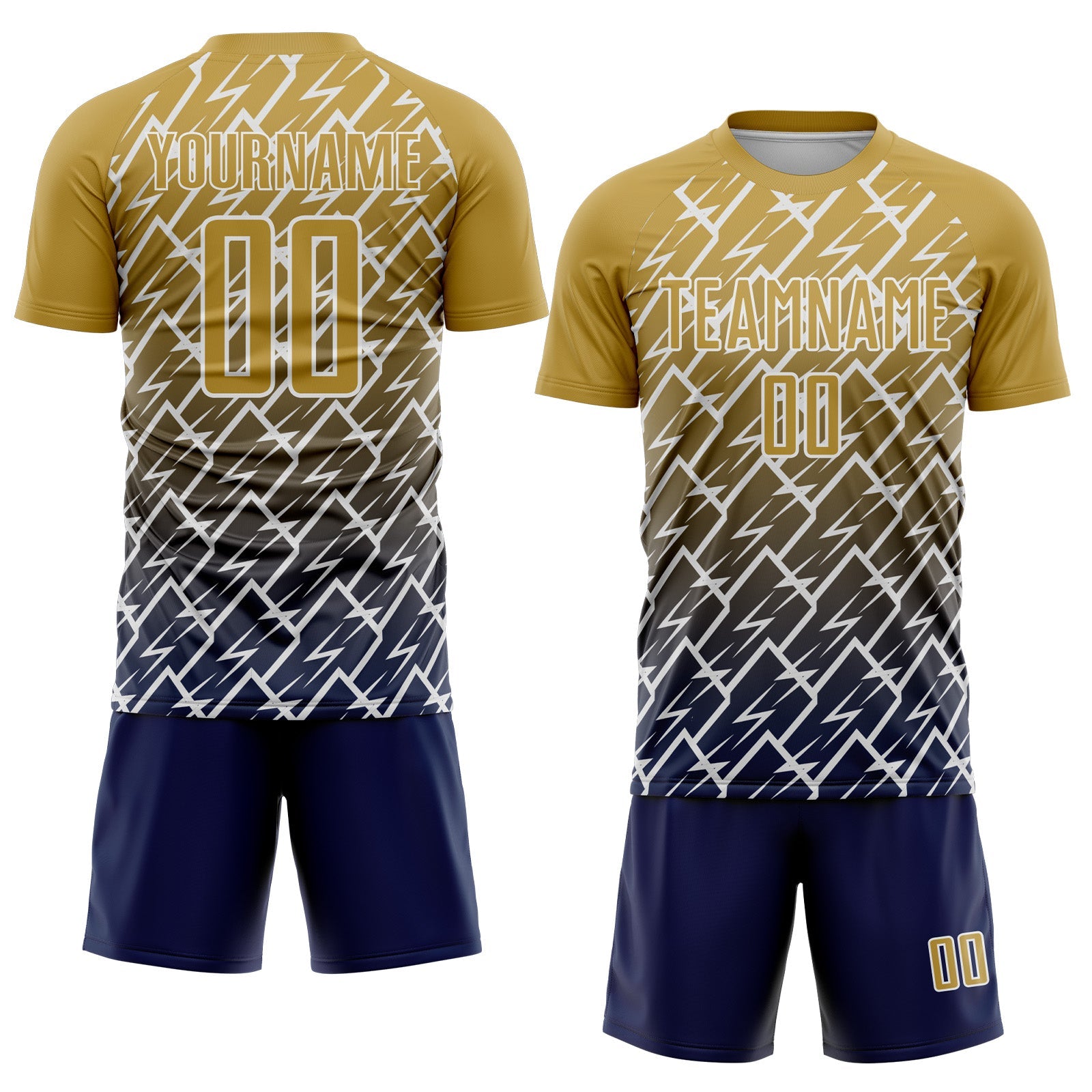 Custom Old Gold Navy-White Lightning Sports Sublimation Soccer Uniform Jersey