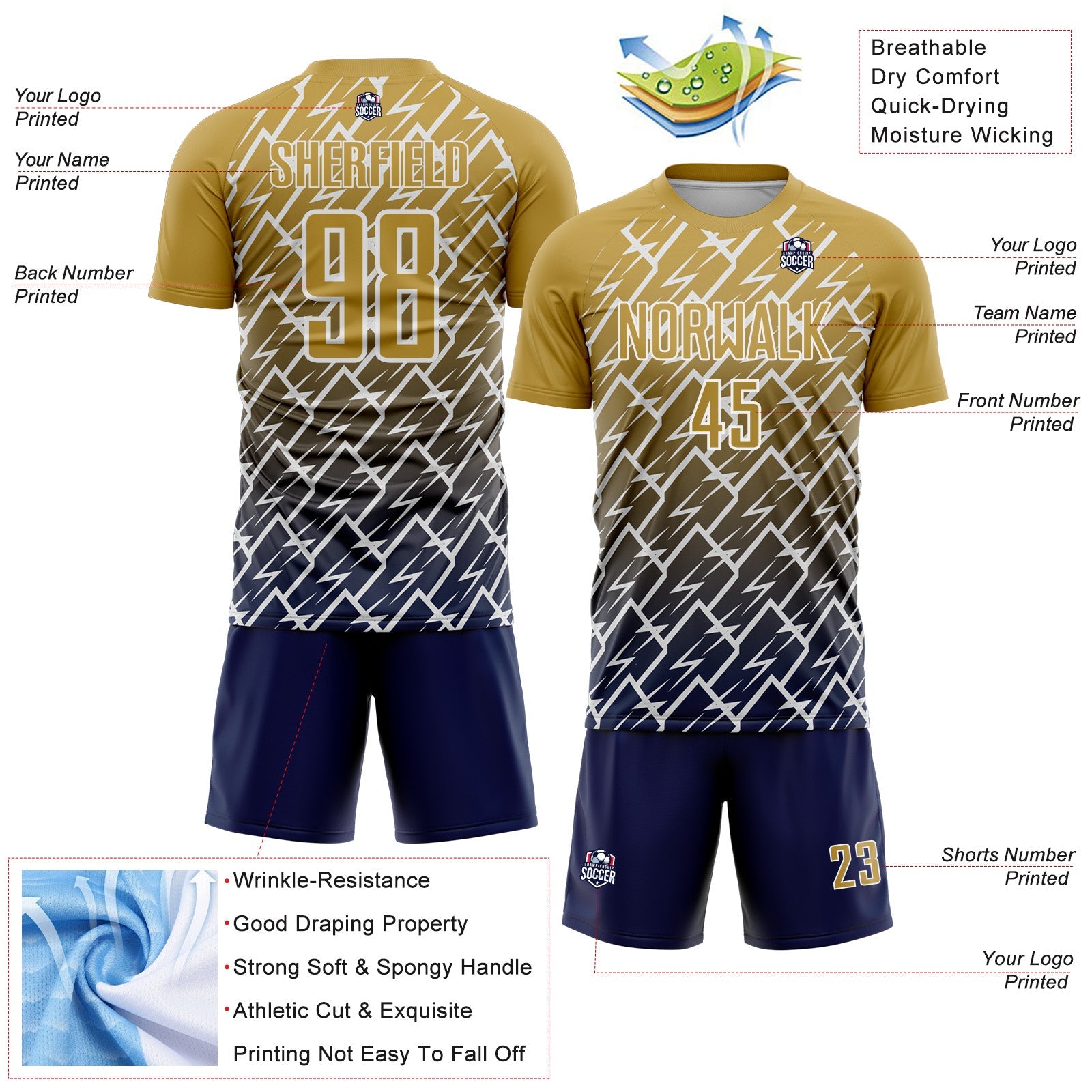 Custom Old Gold Navy-White Lightning Sports Sublimation Soccer Uniform Jersey