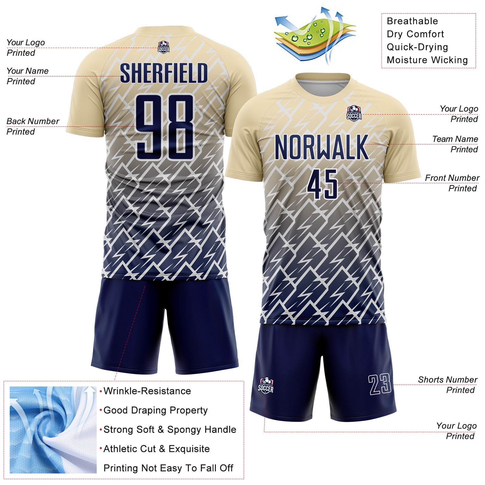 Custom Cream Navy-White Lightning Sports Sublimation Soccer Uniform Jersey