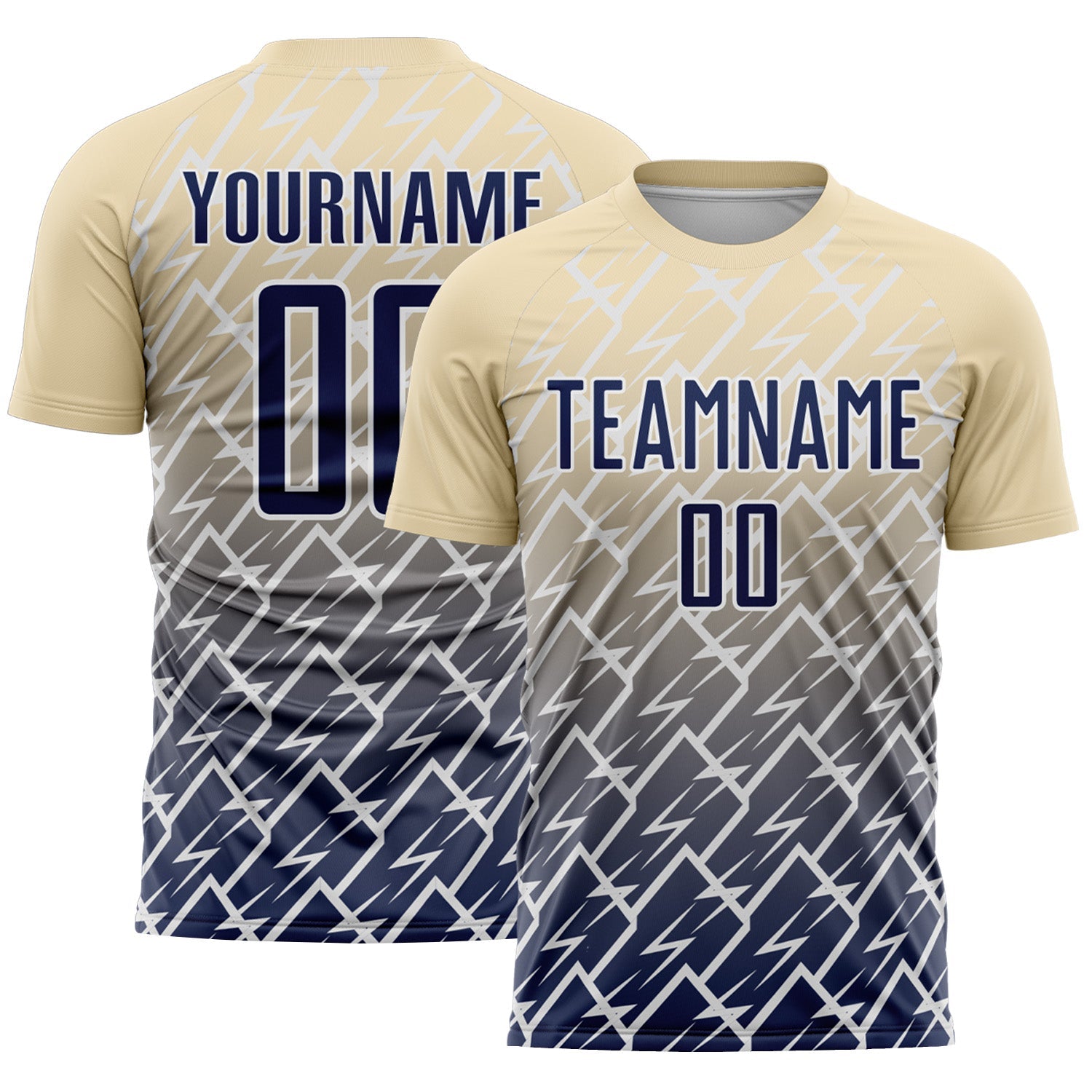 Custom Cream Navy-White Lightning Sports Sublimation Soccer Uniform Jersey