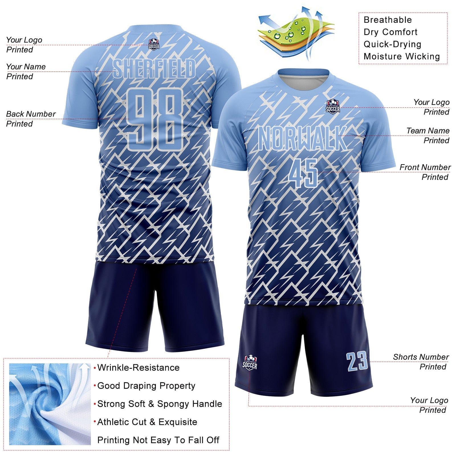 Custom Light Blue Navy-White Lightning Sports Sublimation Soccer Uniform Jersey