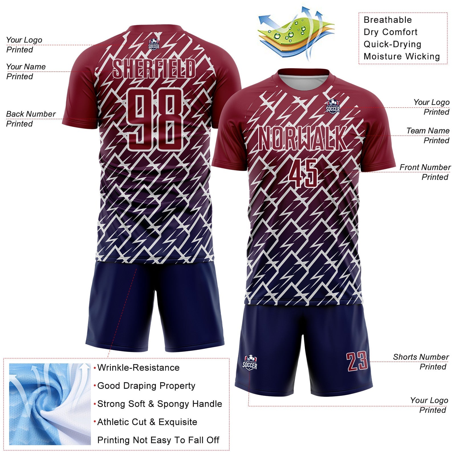 Custom Crimson Navy-White Lightning Sports Sublimation Soccer Uniform Jersey