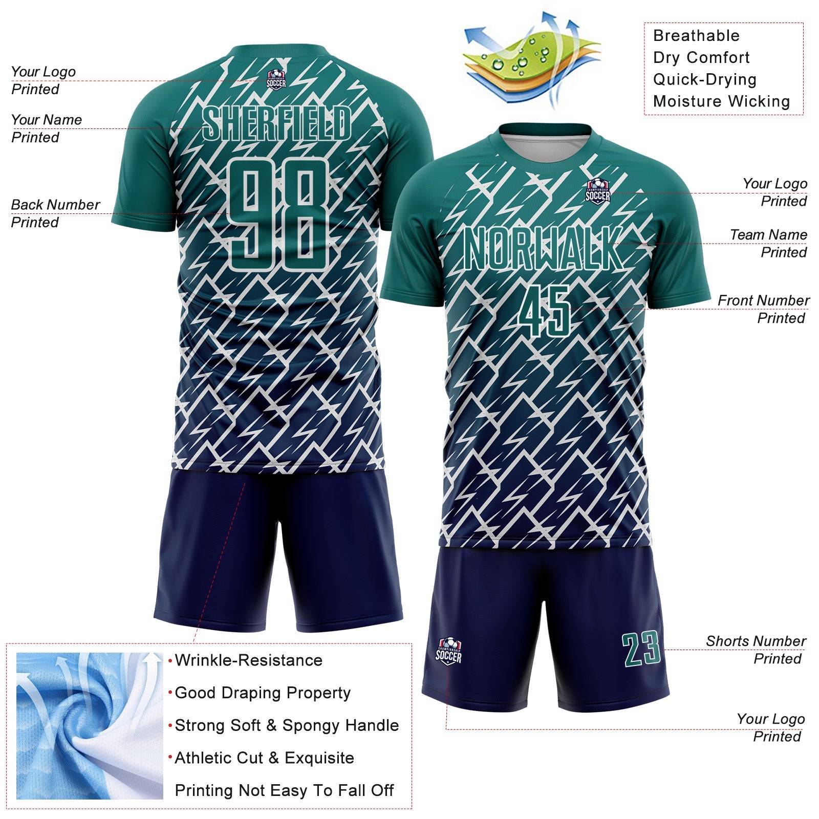 Custom Teal Navy-White Lightning Sports Sublimation Soccer Uniform Jersey