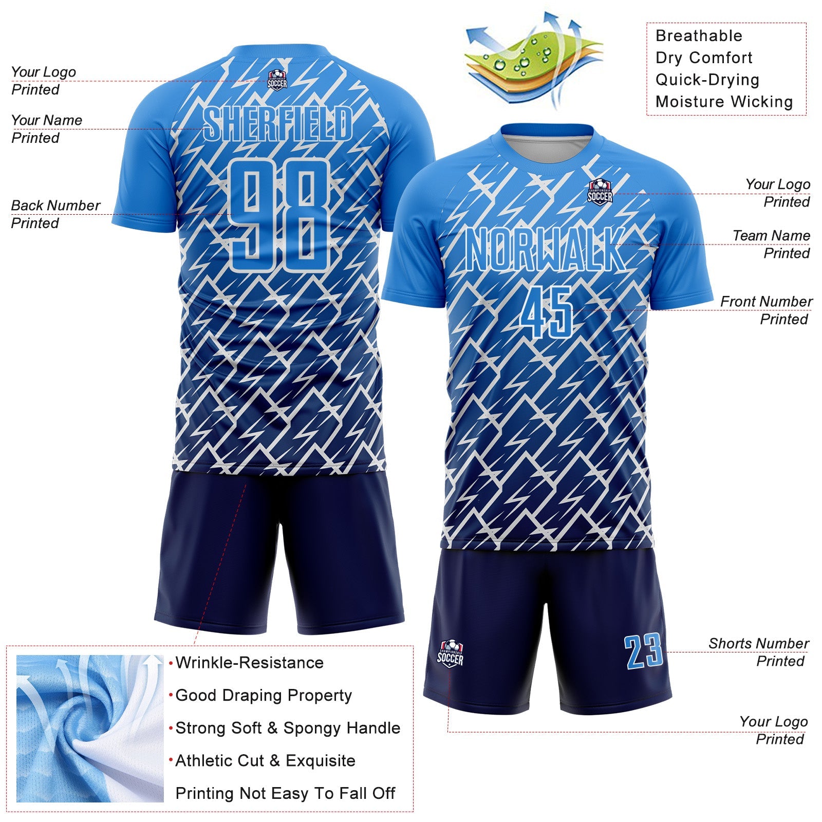 Custom Powder Blue Navy-White Lightning Sports Sublimation Soccer Uniform Jersey