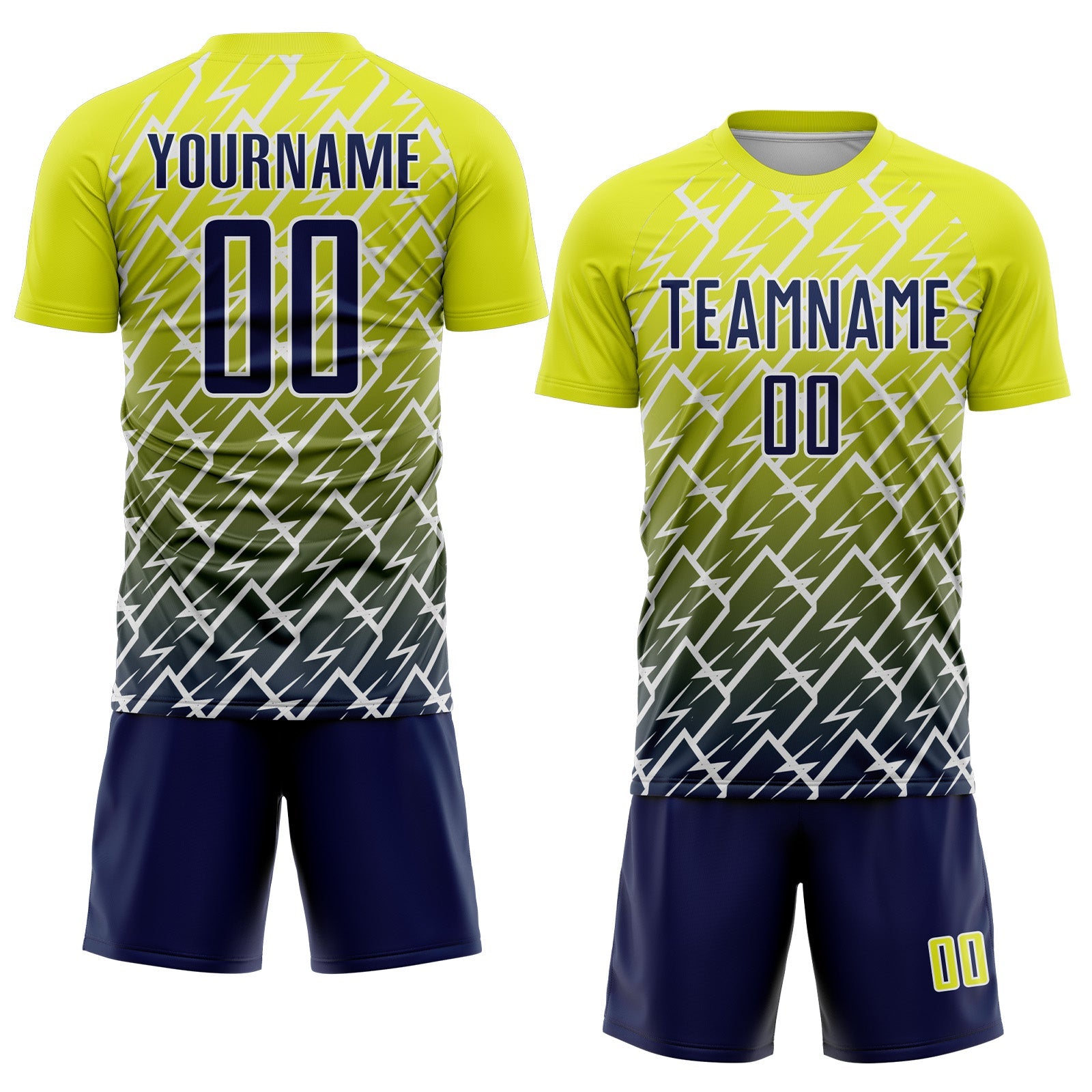 Custom Neon Yellow Navy-White Lightning Sports Sublimation Soccer Uniform Jersey