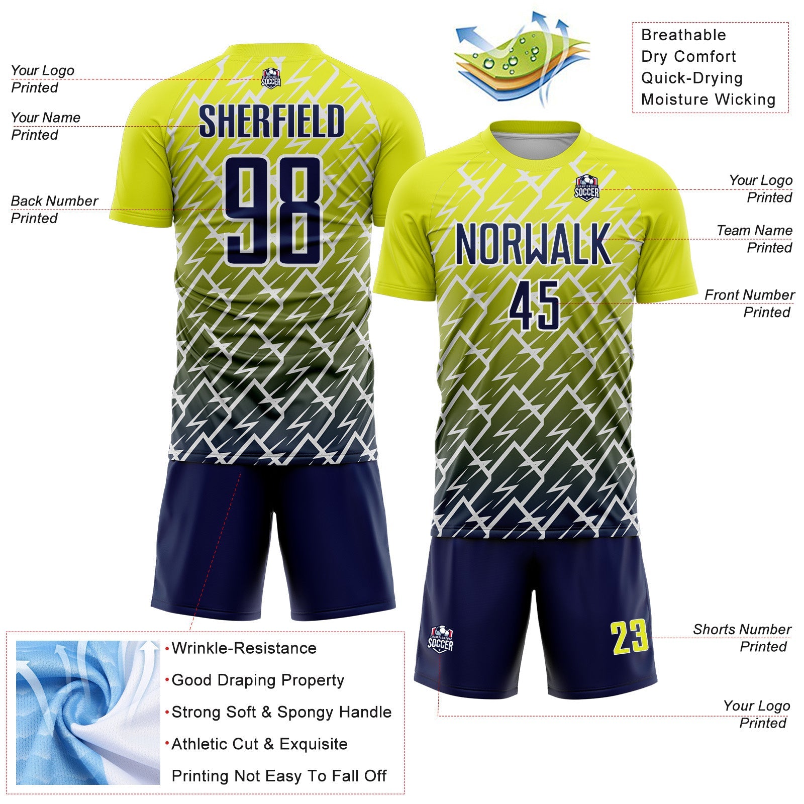 Custom Neon Yellow Navy-White Lightning Sports Sublimation Soccer Uniform Jersey