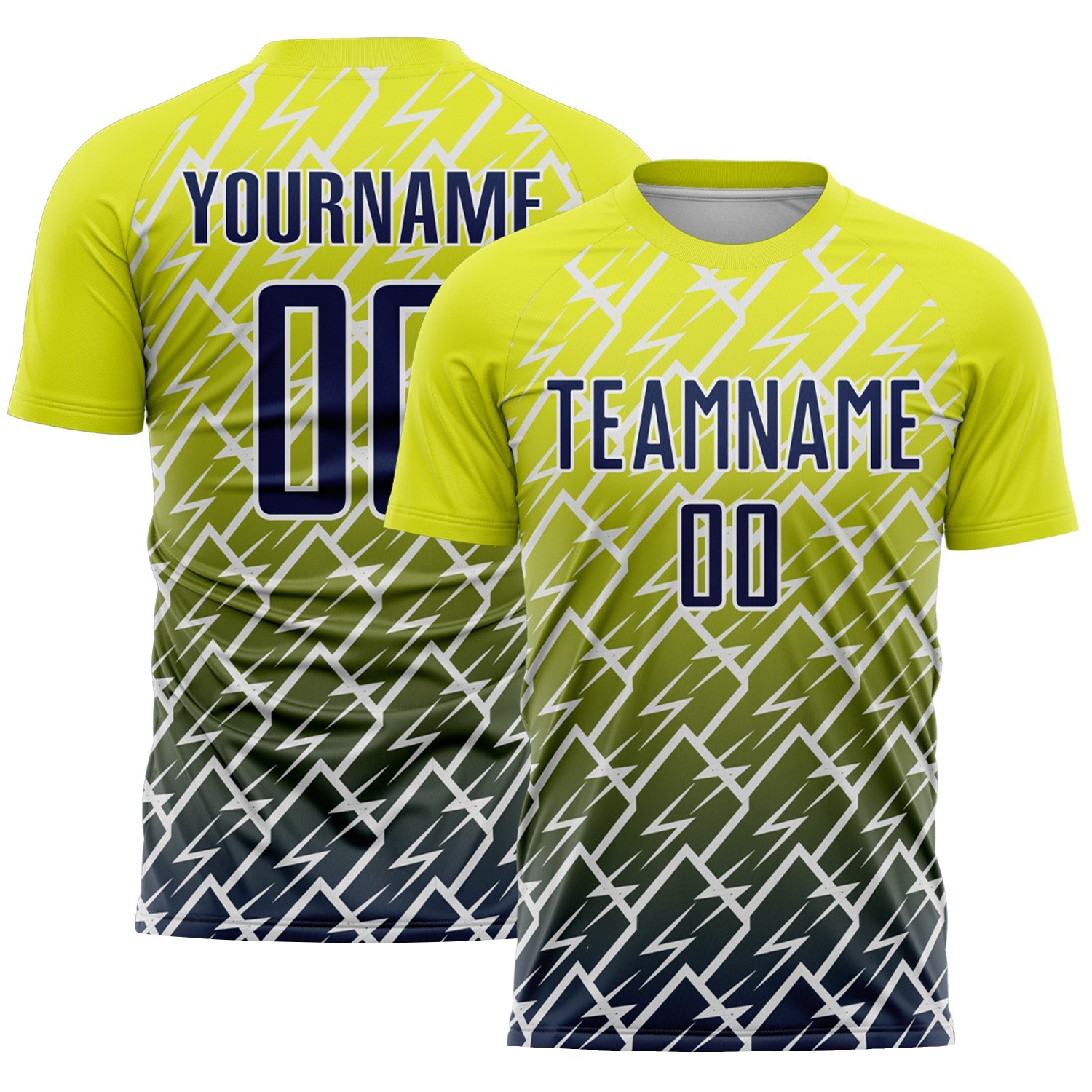 Custom Neon Yellow Navy-White Lightning Sports Sublimation Soccer Uniform Jersey