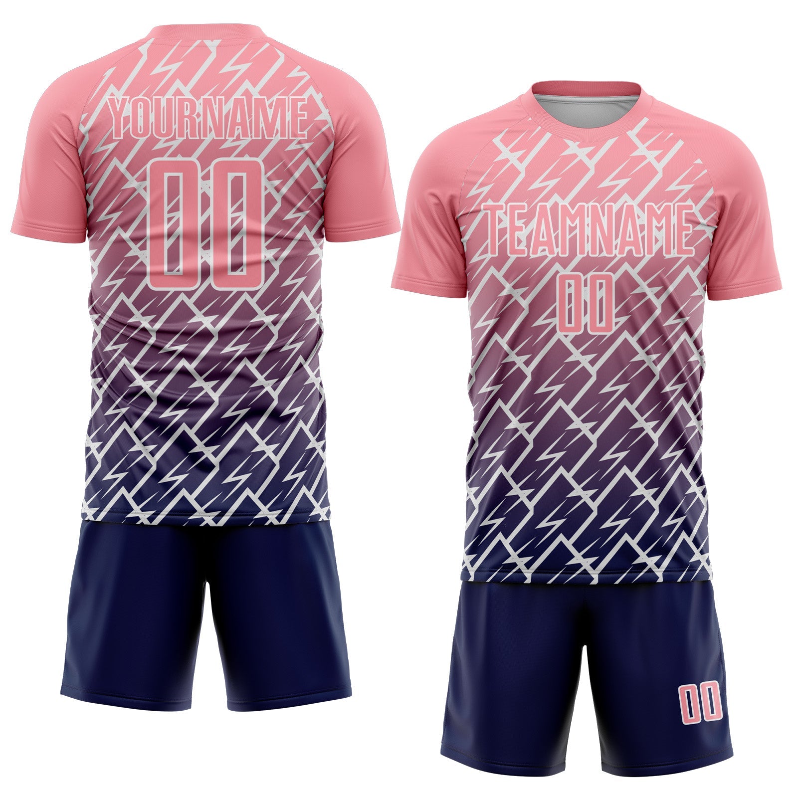 Custom Medium Pink Navy-White Lightning Sports Sublimation Soccer Uniform Jersey