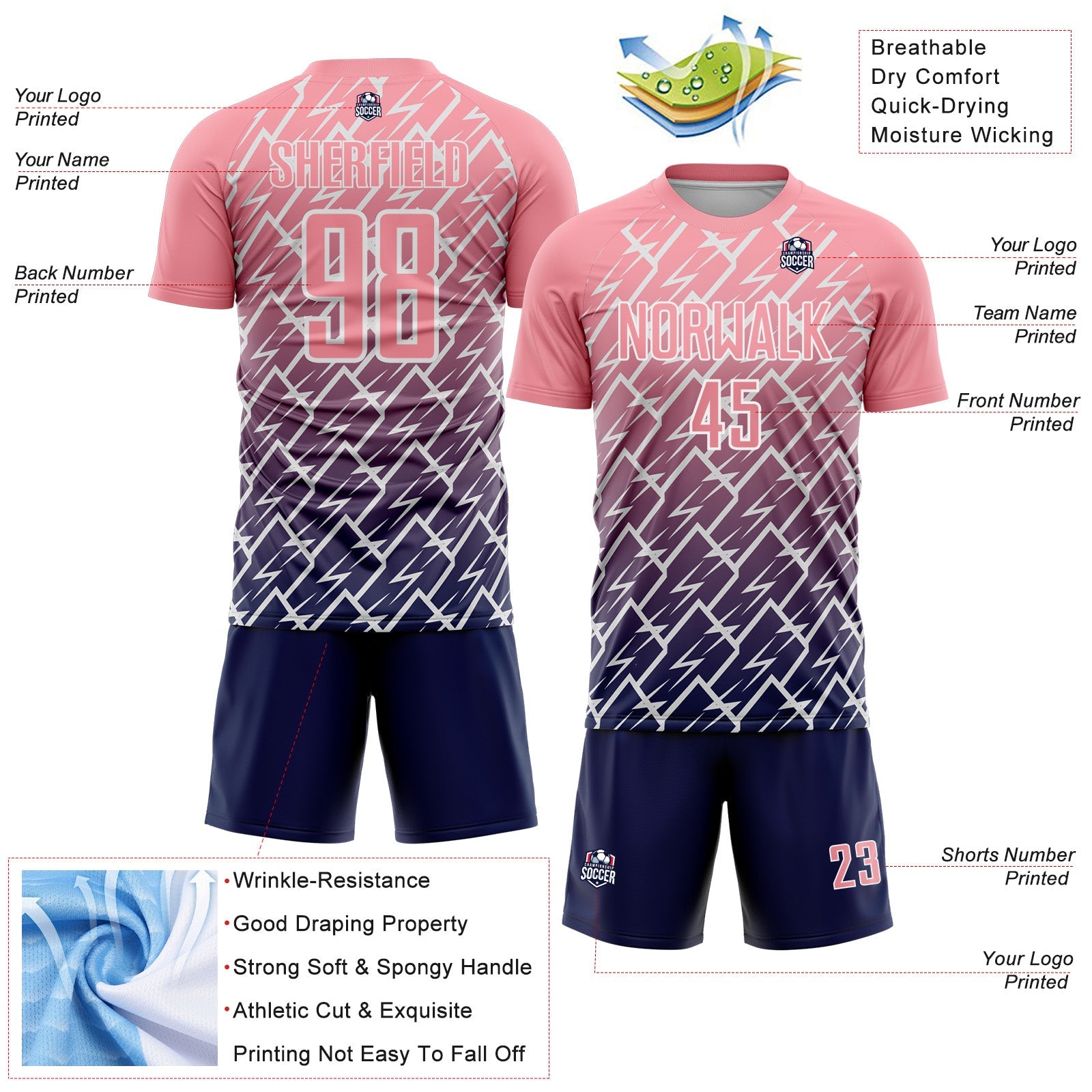 Custom Medium Pink Navy-White Lightning Sports Sublimation Soccer Uniform Jersey