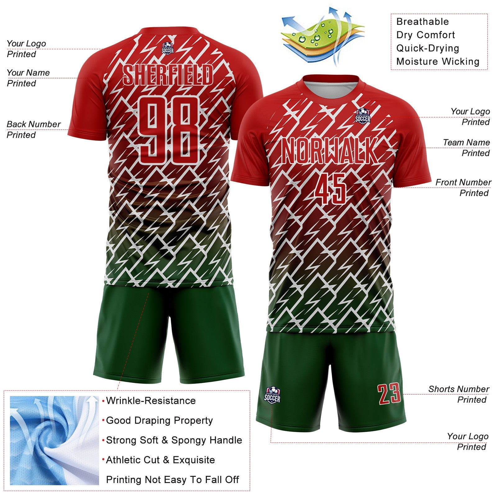Custom Red Green-White Lightning Sports Sublimation Soccer Uniform Jersey