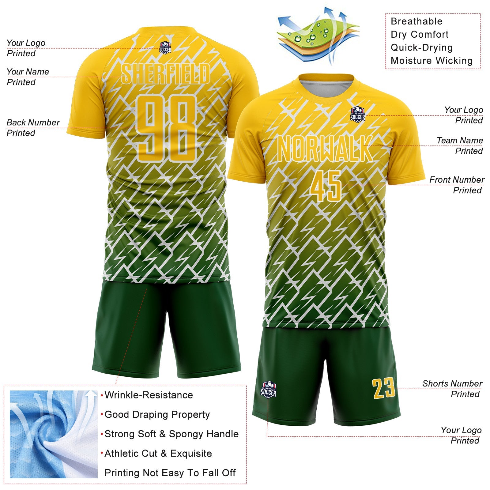 Custom Yellow Green-White Lightning Sports Sublimation Soccer Uniform Jersey