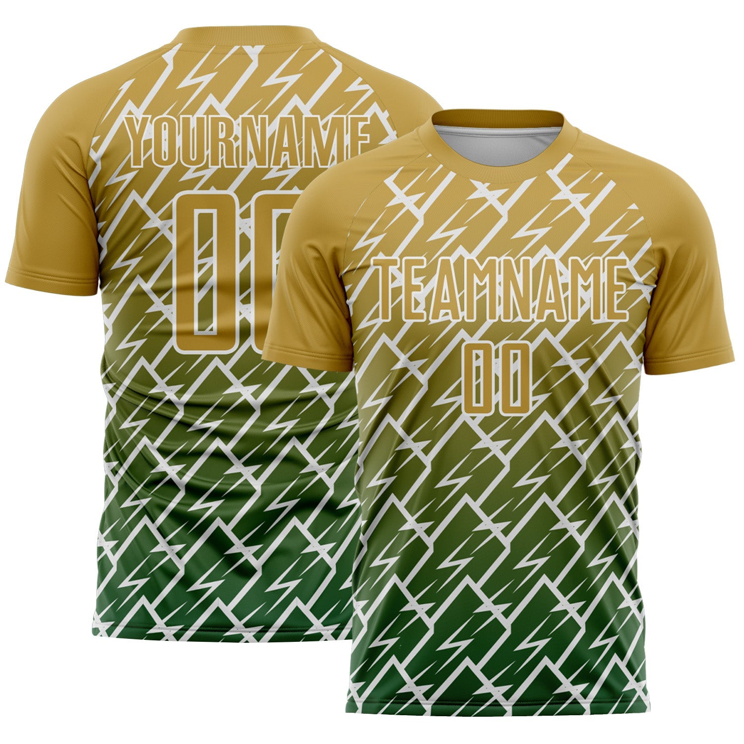 Custom Old Gold Green-White Lightning Sports Sublimation Soccer Uniform Jersey