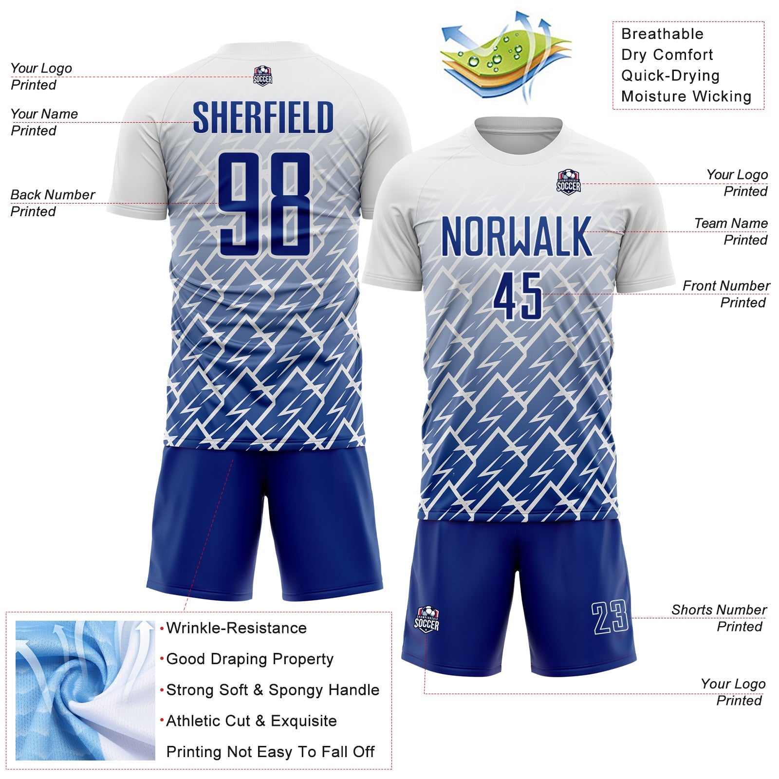 Custom White Royal Lightning Sports Sublimation Soccer Uniform Jersey
