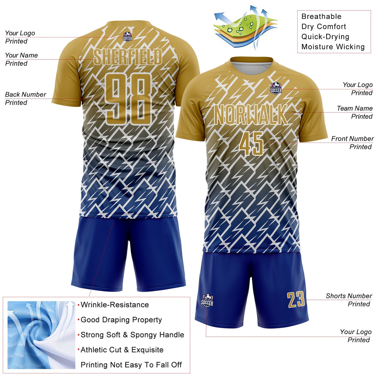 Custom Old Gold Royal-White Lightning Sports Sublimation Soccer Uniform Jersey