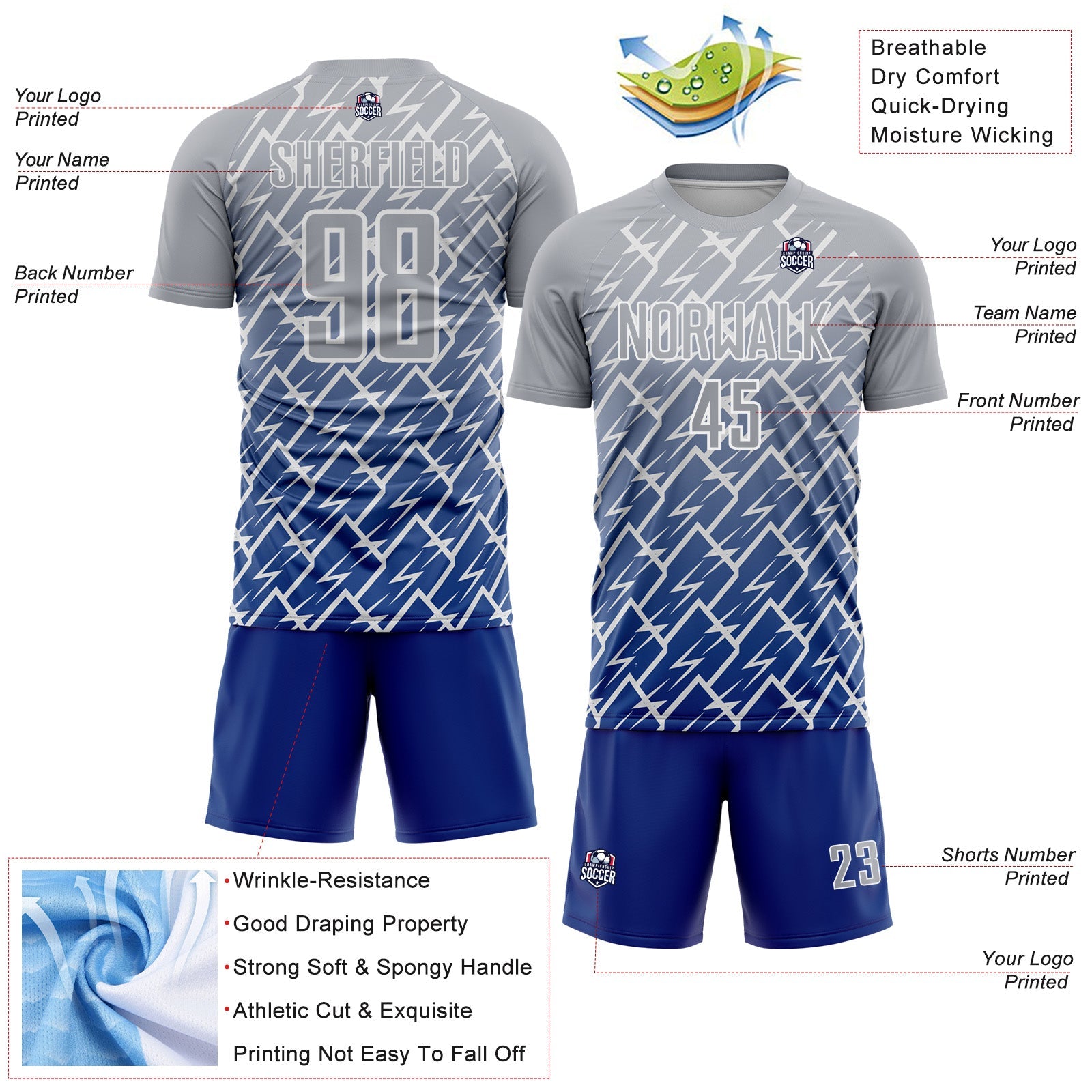 Custom Gray Royal-White Lightning Sports Sublimation Soccer Uniform Jersey