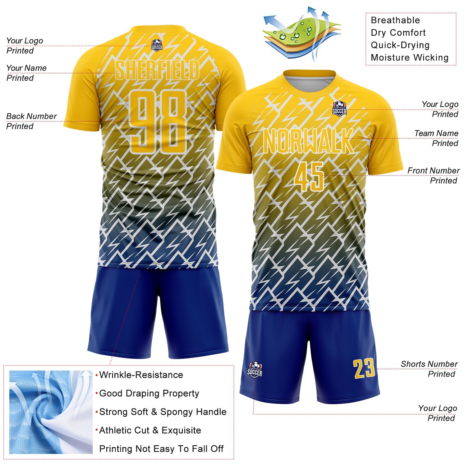 Custom Yellow Royal-White Lightning Sports Sublimation Soccer Uniform Jersey