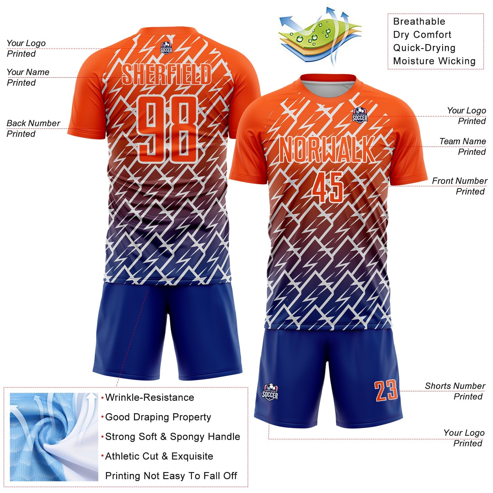 Custom Orange Royal-White Lightning Sports Sublimation Soccer Uniform Jersey