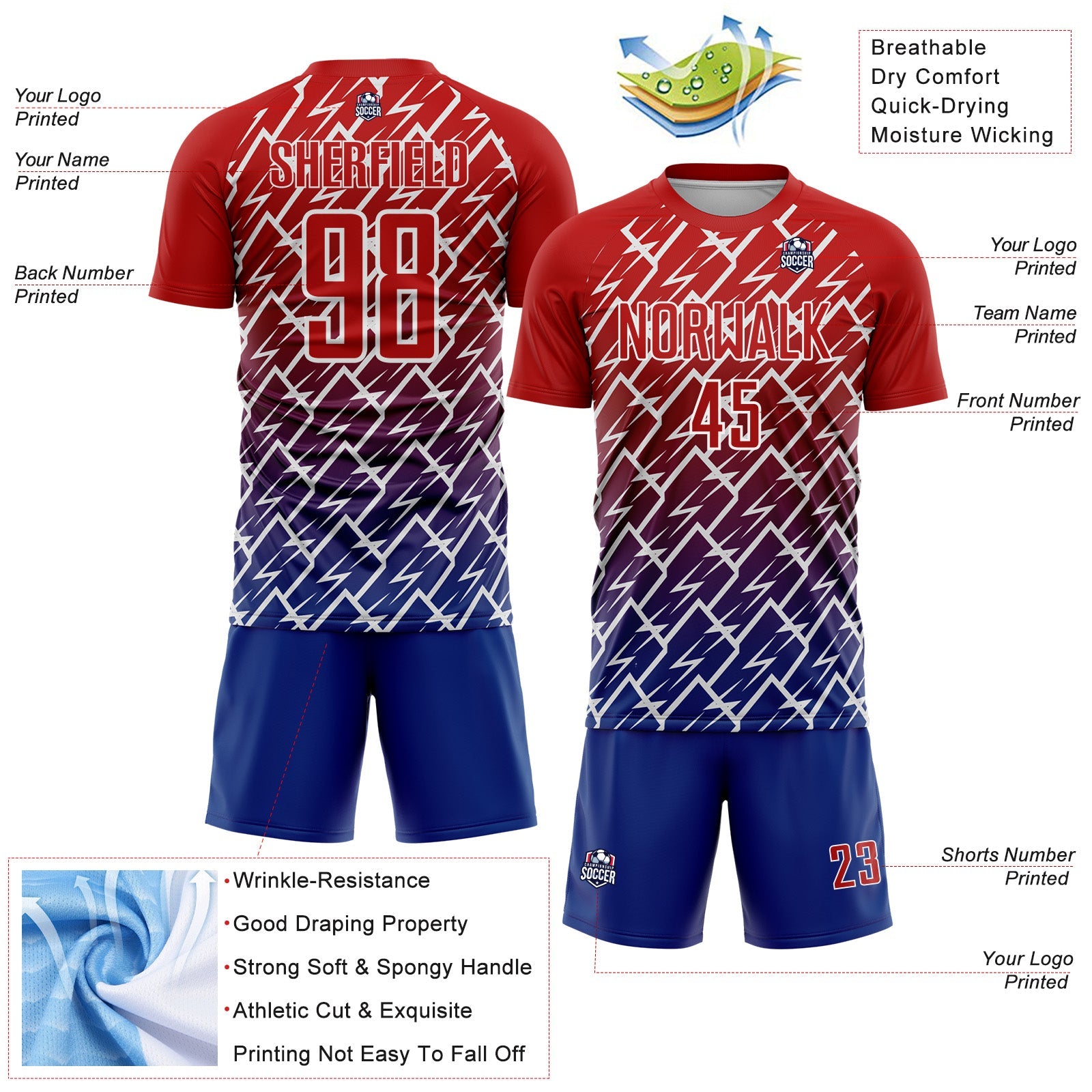 Custom Red Royal-White Lightning Sports Sublimation Soccer Uniform Jersey