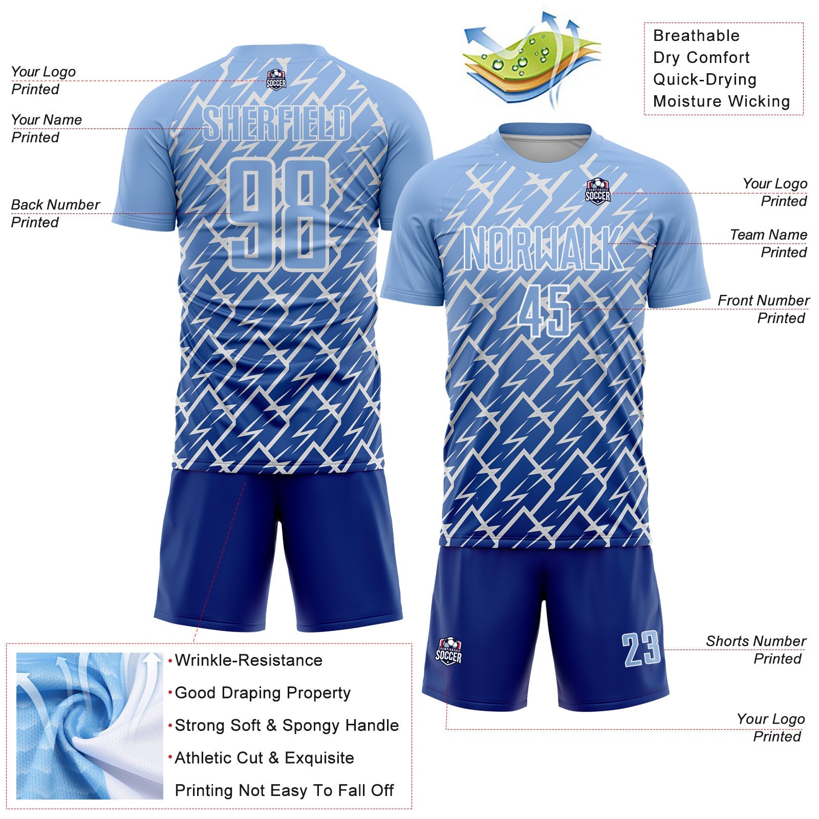 Custom Light Blue Royal-White Lightning Sports Sublimation Soccer Uniform Jersey