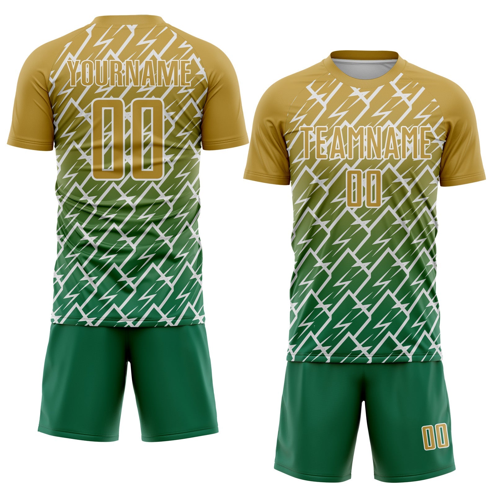 Custom Old Gold Kelly Green-White Lightning Sports Sublimation Soccer Uniform Jersey
