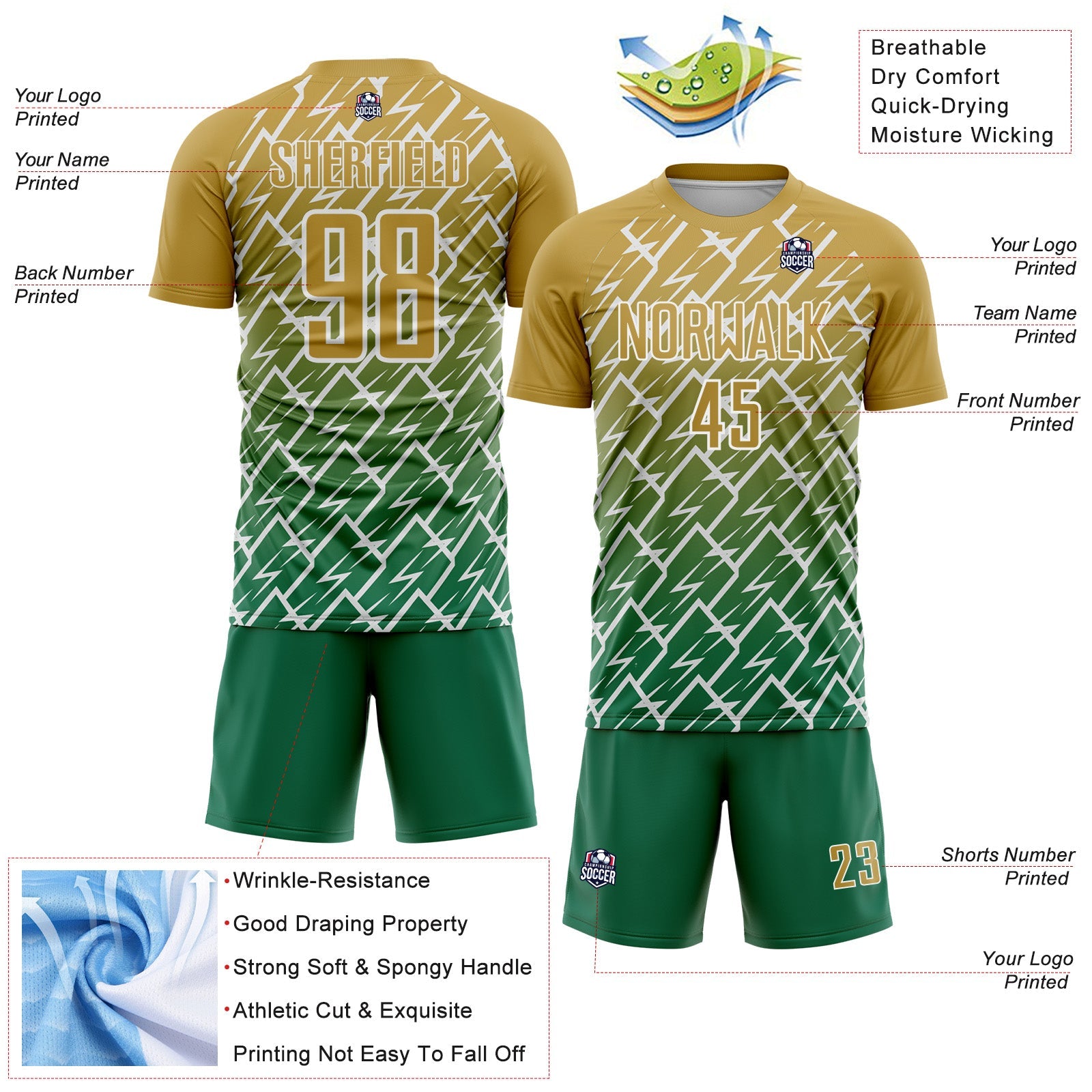 Custom Old Gold Kelly Green-White Lightning Sports Sublimation Soccer Uniform Jersey