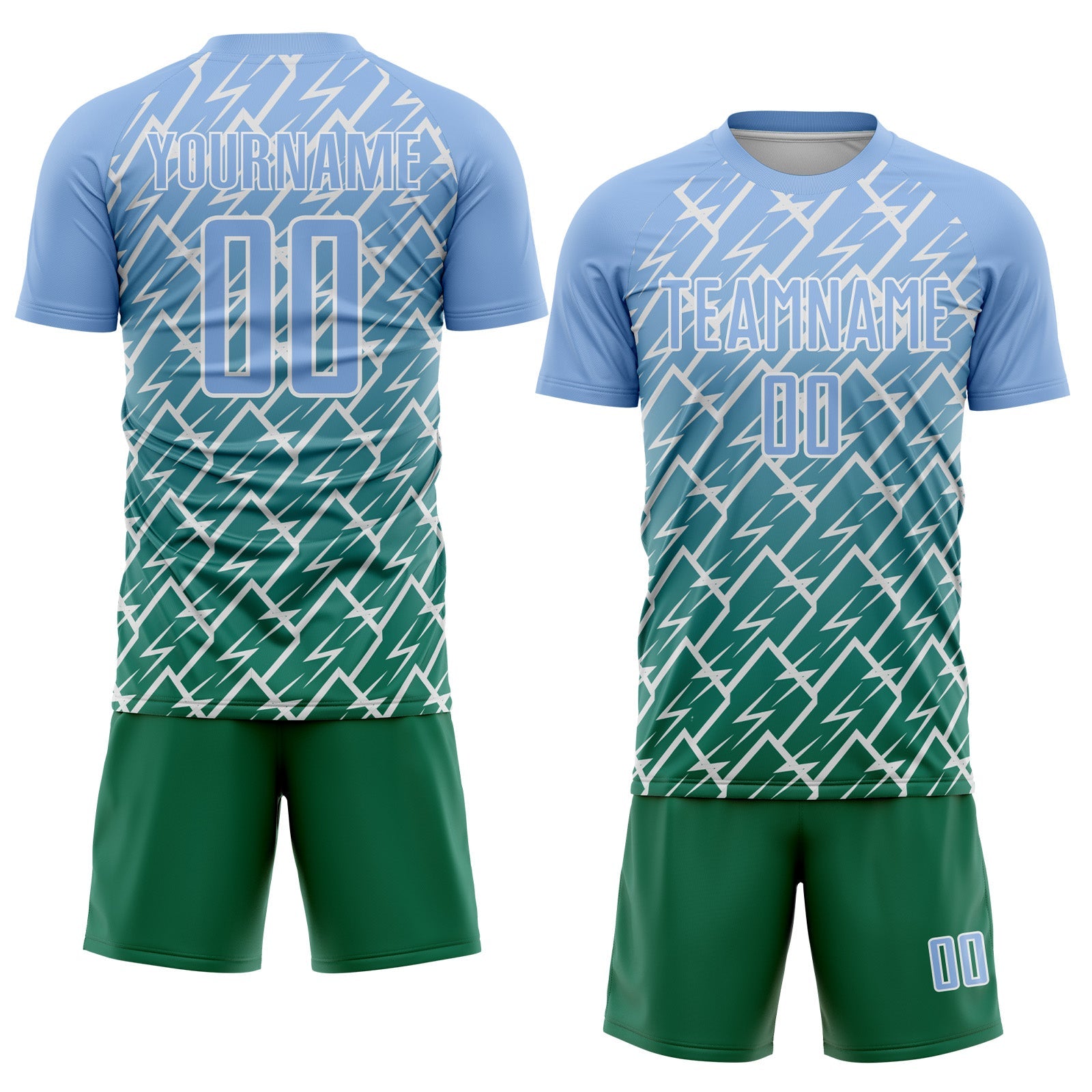 Custom Light Blue Kelly Green-White Lightning Sports Sublimation Soccer Uniform Jersey