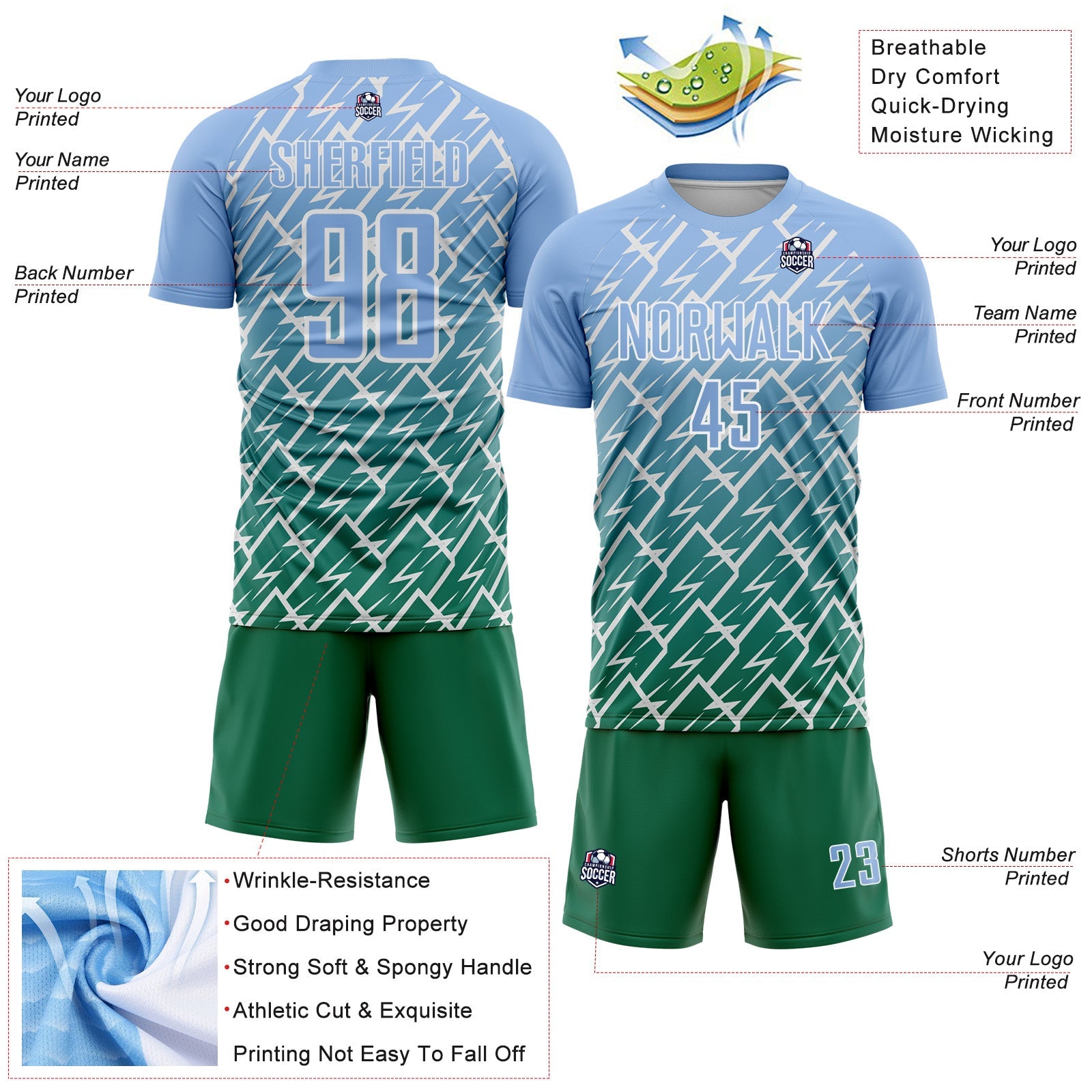 Custom Light Blue Kelly Green-White Lightning Sports Sublimation Soccer Uniform Jersey