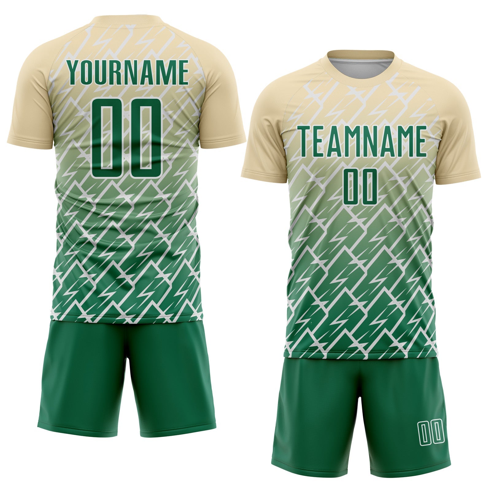 Custom Cream Kelly Green-White Lightning Sports Sublimation Soccer Uniform Jersey