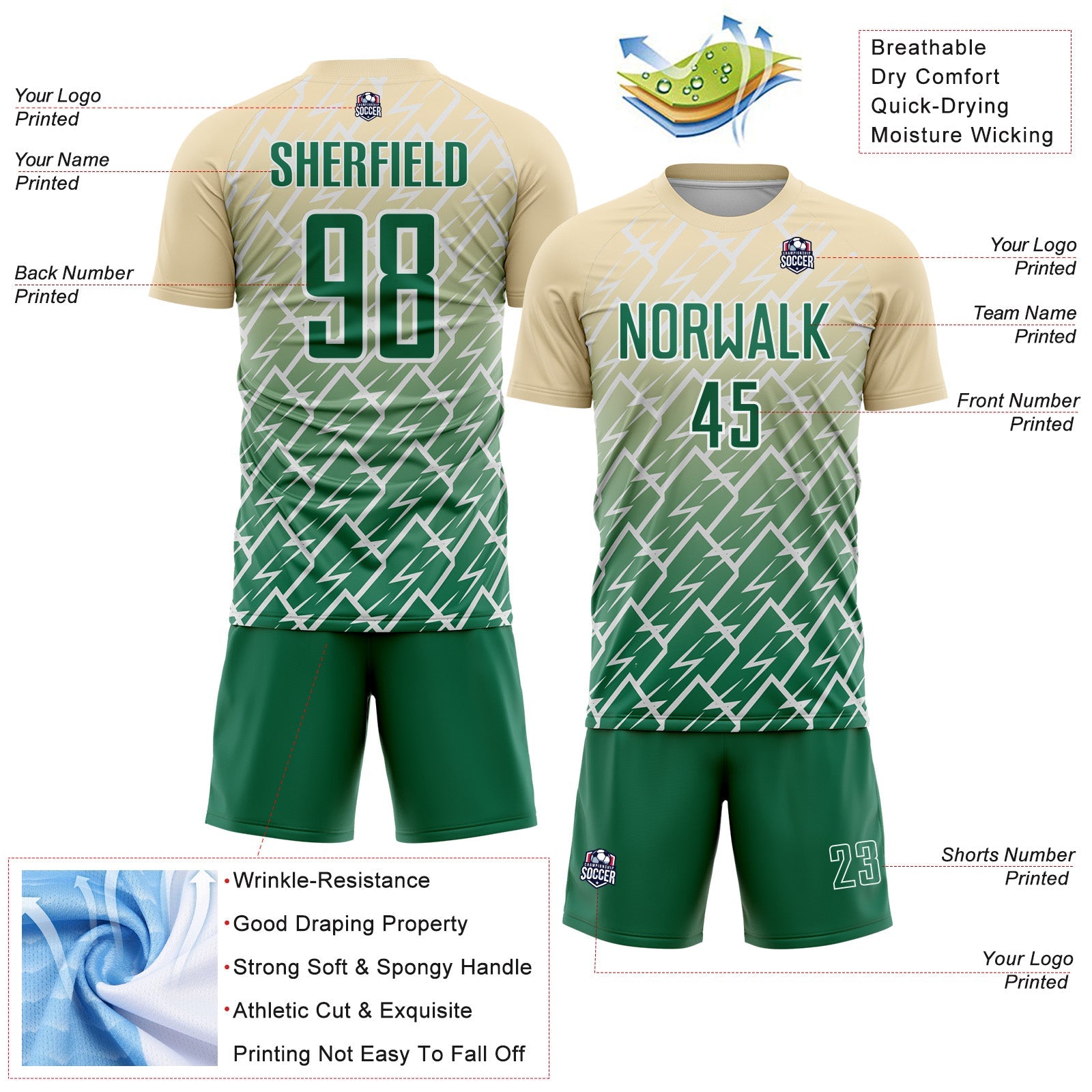 Custom Cream Kelly Green-White Lightning Sports Sublimation Soccer Uniform Jersey