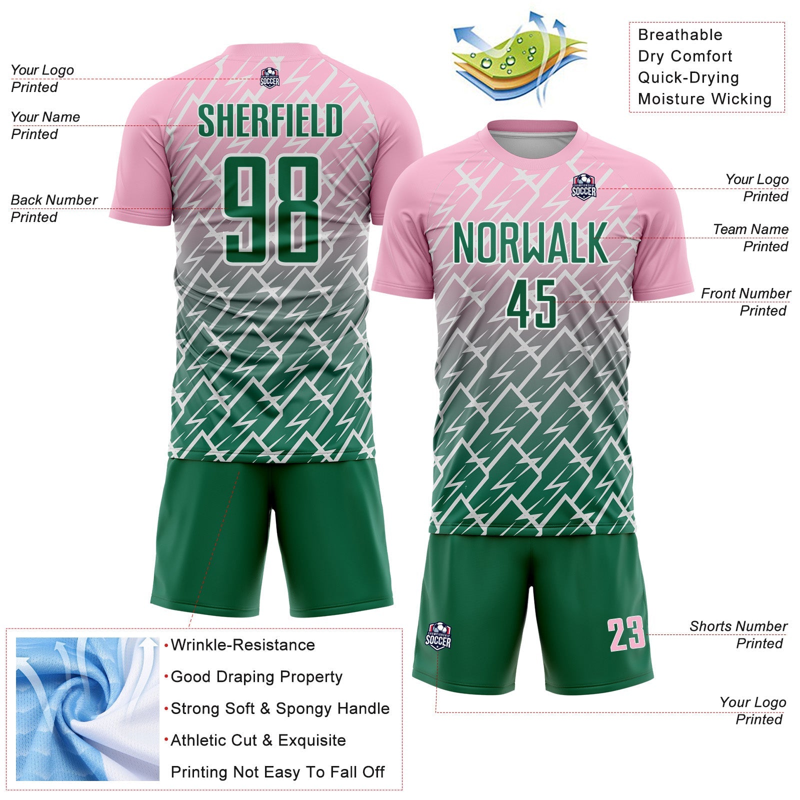 Custom Light Pink Kelly Green-White Lightning Sports Sublimation Soccer Uniform Jersey
