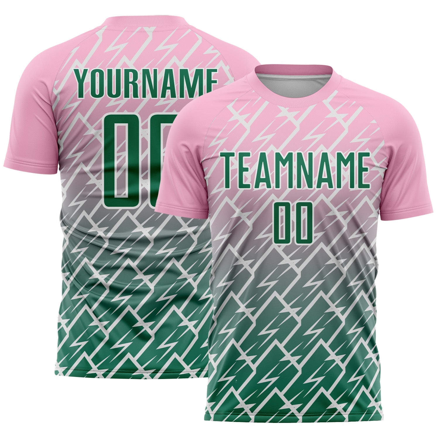 Custom Light Pink Kelly Green-White Lightning Sports Sublimation Soccer Uniform Jersey