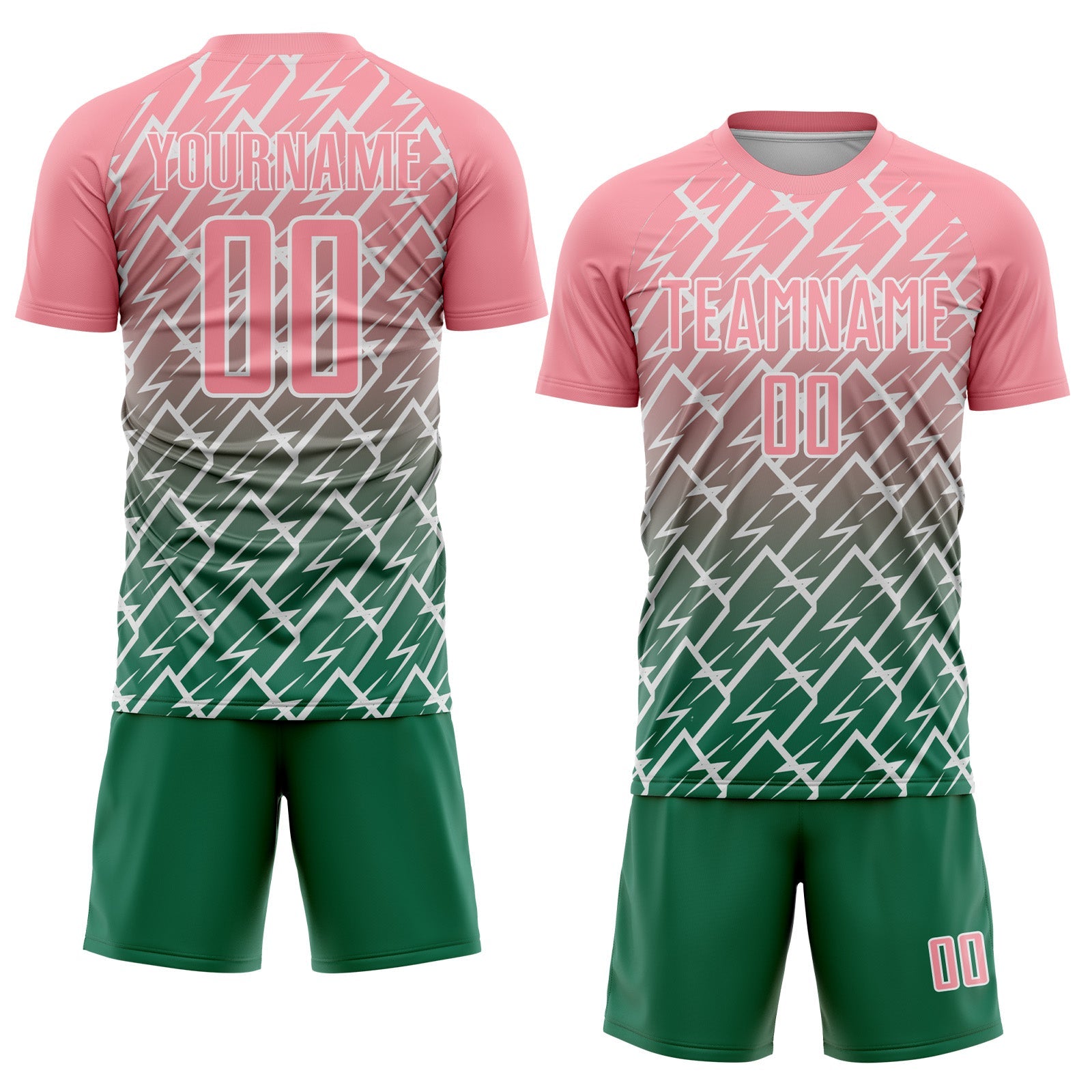 Custom Medium Pink Kelly Green-White Lightning Sports Sublimation Soccer Uniform Jersey