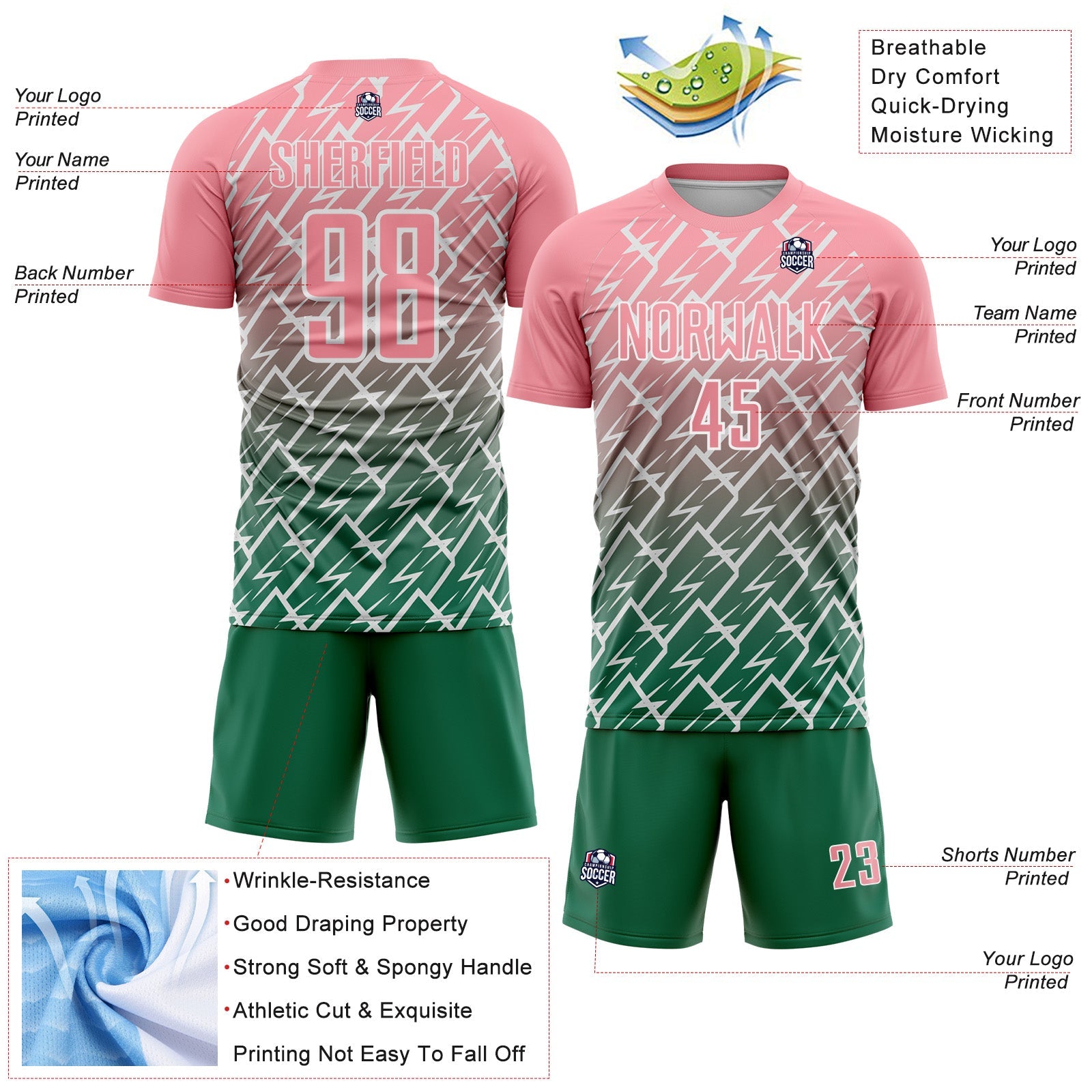Custom Medium Pink Kelly Green-White Lightning Sports Sublimation Soccer Uniform Jersey