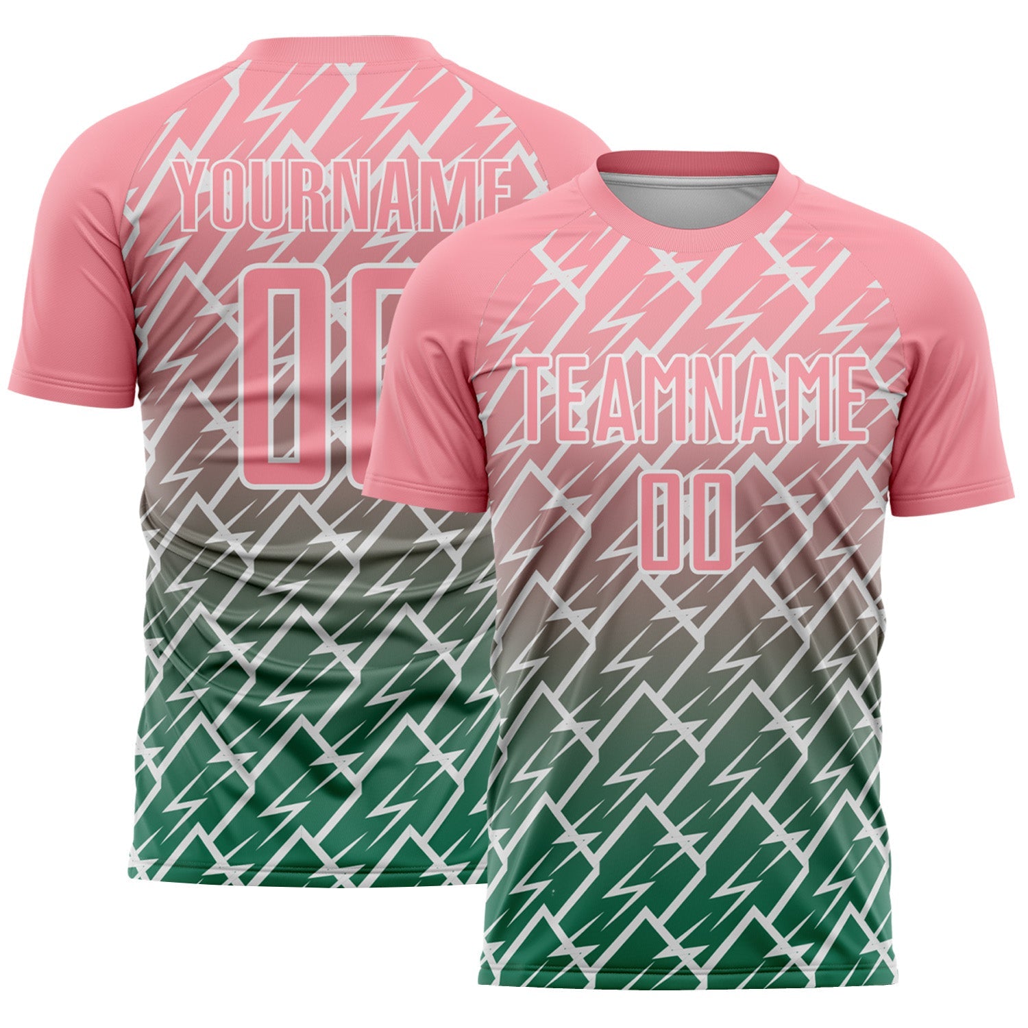 Custom Medium Pink Kelly Green-White Lightning Sports Sublimation Soccer Uniform Jersey