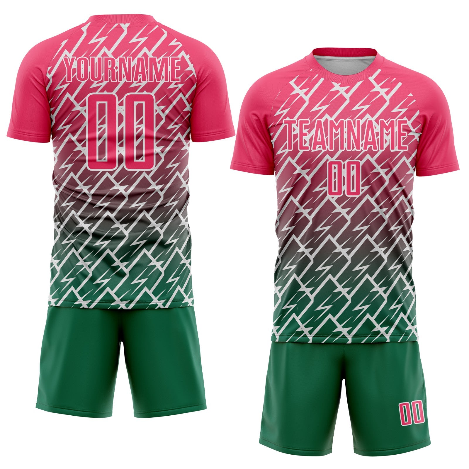 Custom Neon Pink Kelly Green-White Lightning Sports Sublimation Soccer Uniform Jersey