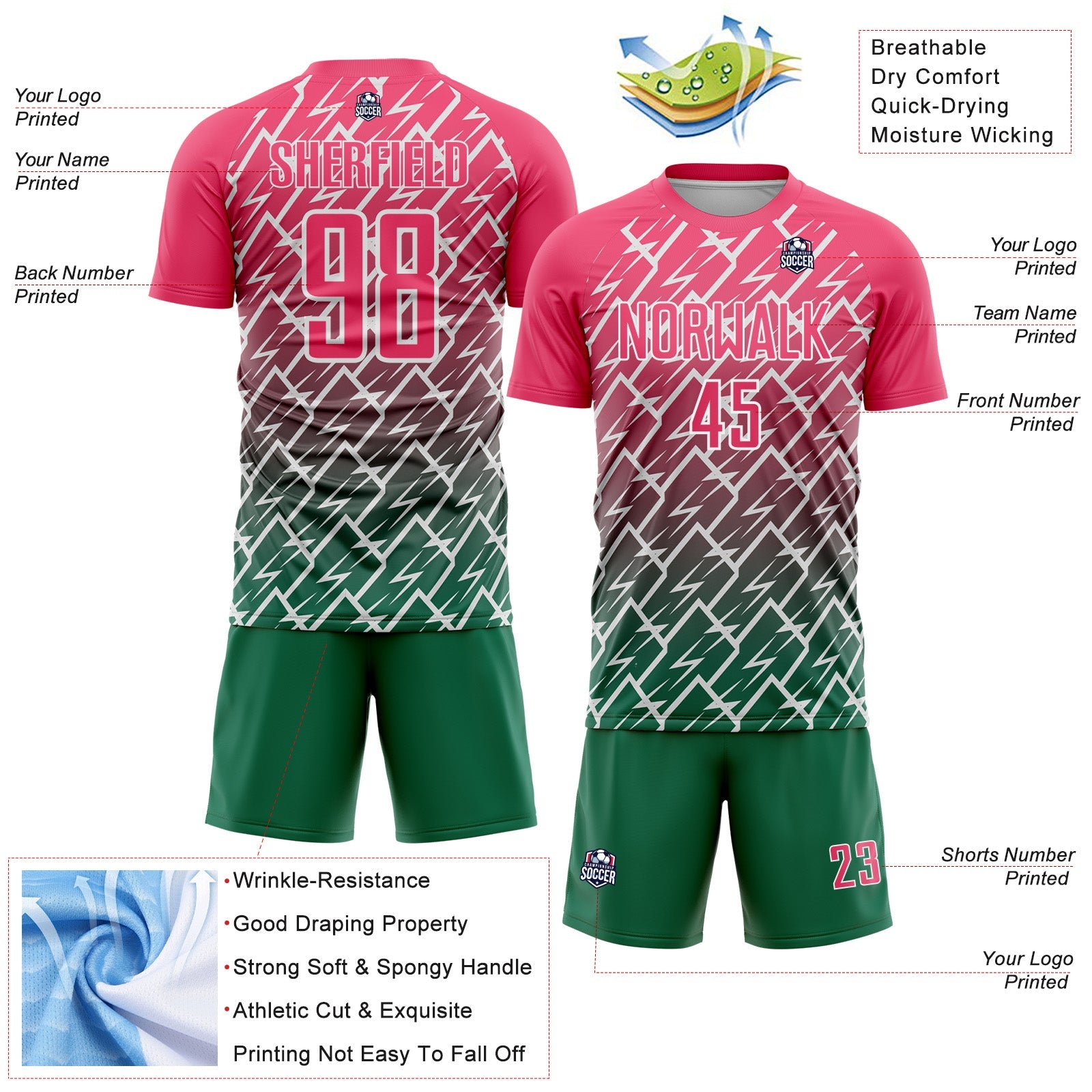 Custom Neon Pink Kelly Green-White Lightning Sports Sublimation Soccer Uniform Jersey