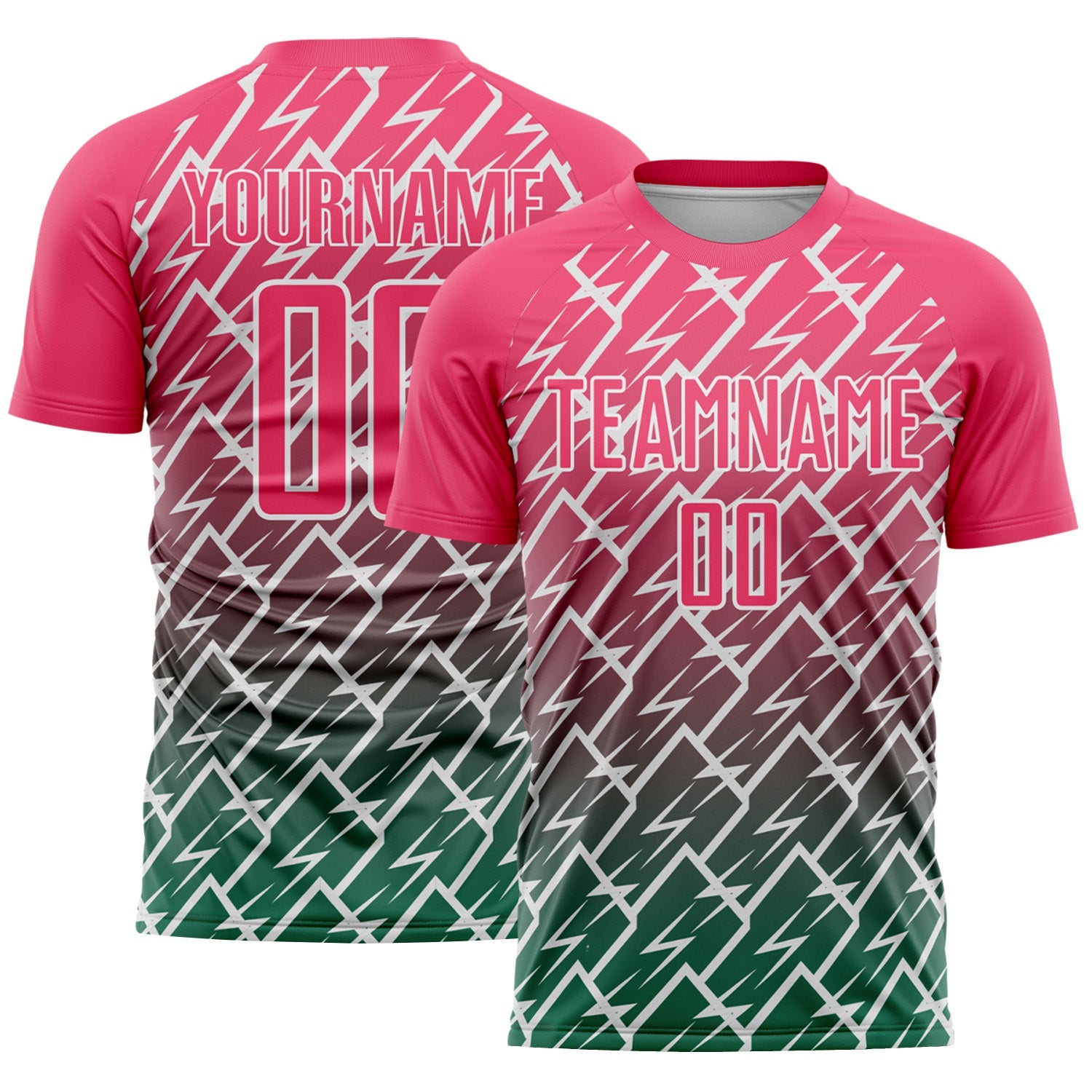 Custom Neon Pink Kelly Green-White Lightning Sports Sublimation Soccer Uniform Jersey