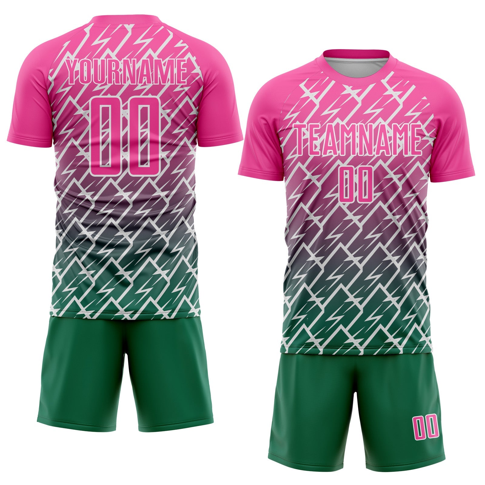 Custom Pink Kelly Green-White Lightning Sports Sublimation Soccer Uniform Jersey