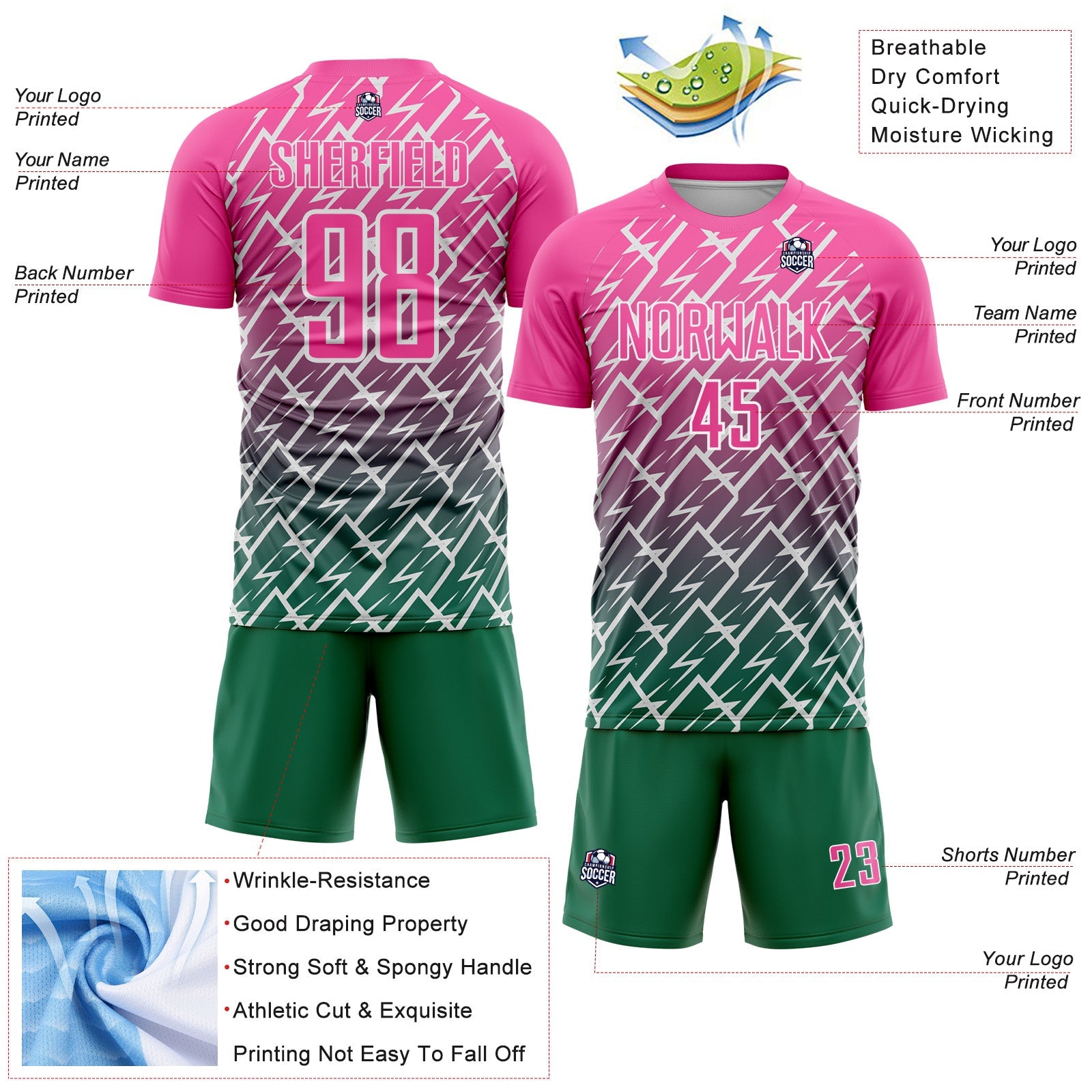 Custom Pink Kelly Green-White Lightning Sports Sublimation Soccer Uniform Jersey