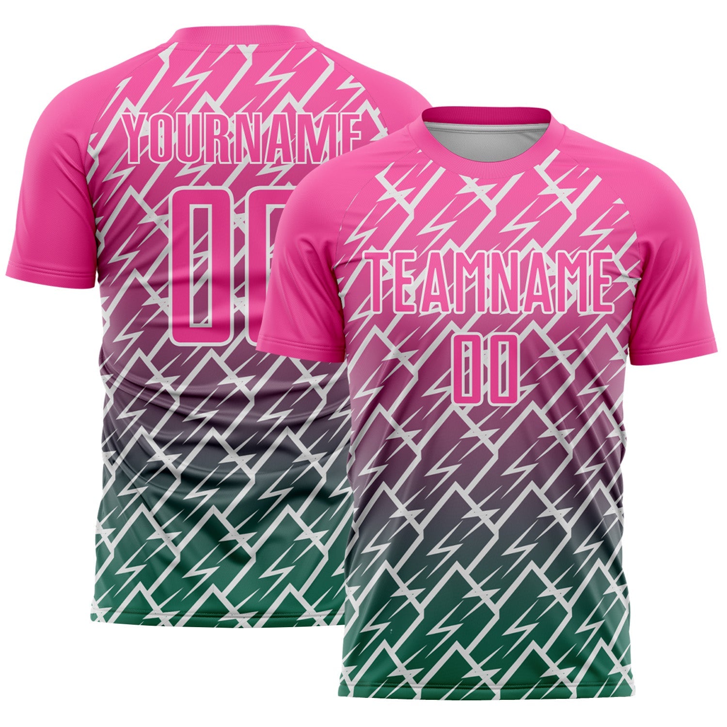 Custom Pink Kelly Green-White Lightning Sports Sublimation Soccer Uniform Jersey