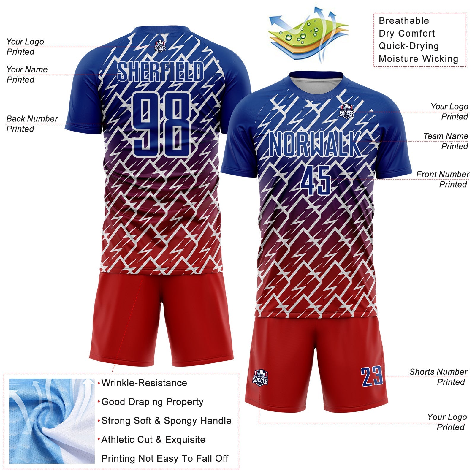 Custom Royal Red-White Lightning Sports Sublimation Soccer Uniform Jersey