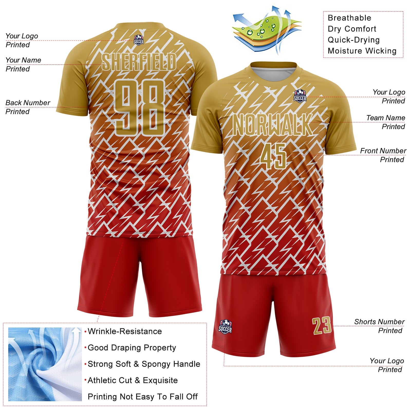 Custom Old Gold Red-White Lightning Sports Sublimation Soccer Uniform Jersey