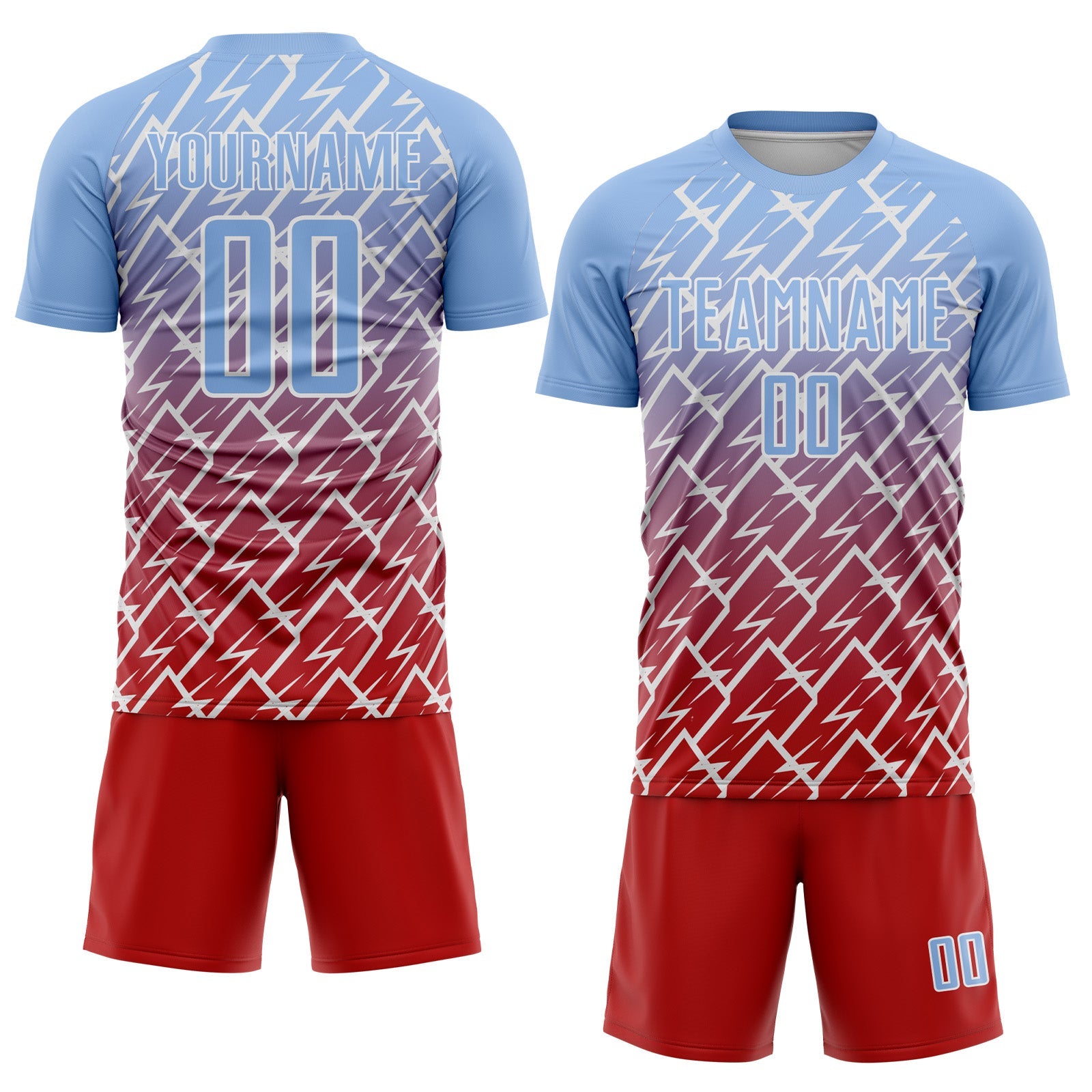 Custom Light Blue Red-White Lightning Sports Sublimation Soccer Uniform Jersey