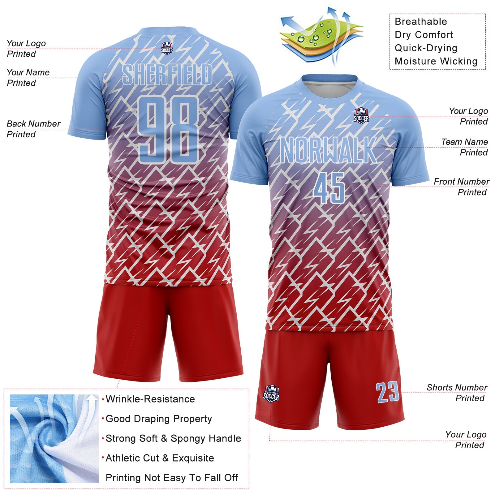 Custom Light Blue Red-White Lightning Sports Sublimation Soccer Uniform Jersey
