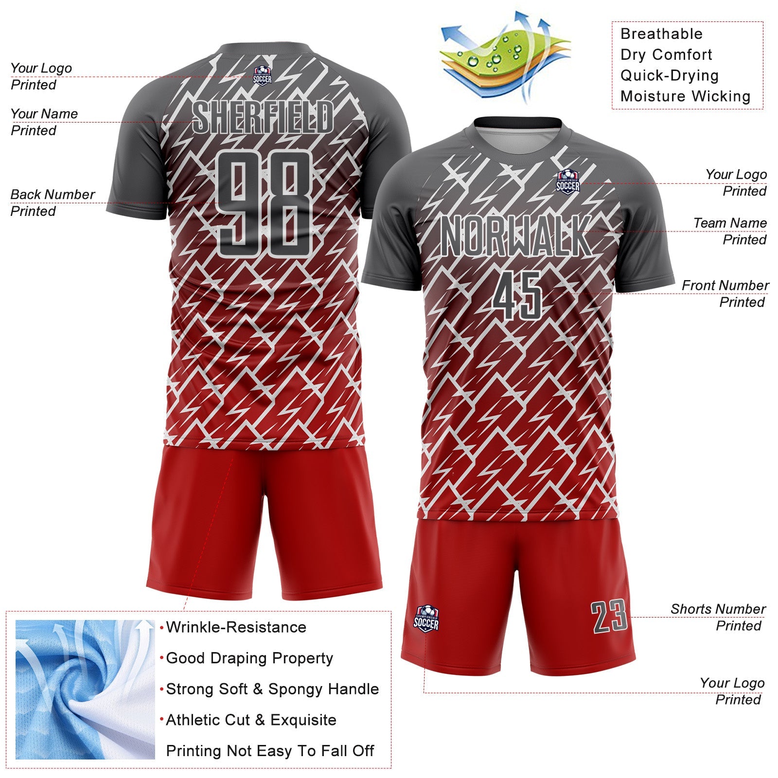 Custom Steel Gray Red-White Lightning Sports Sublimation Soccer Uniform Jersey