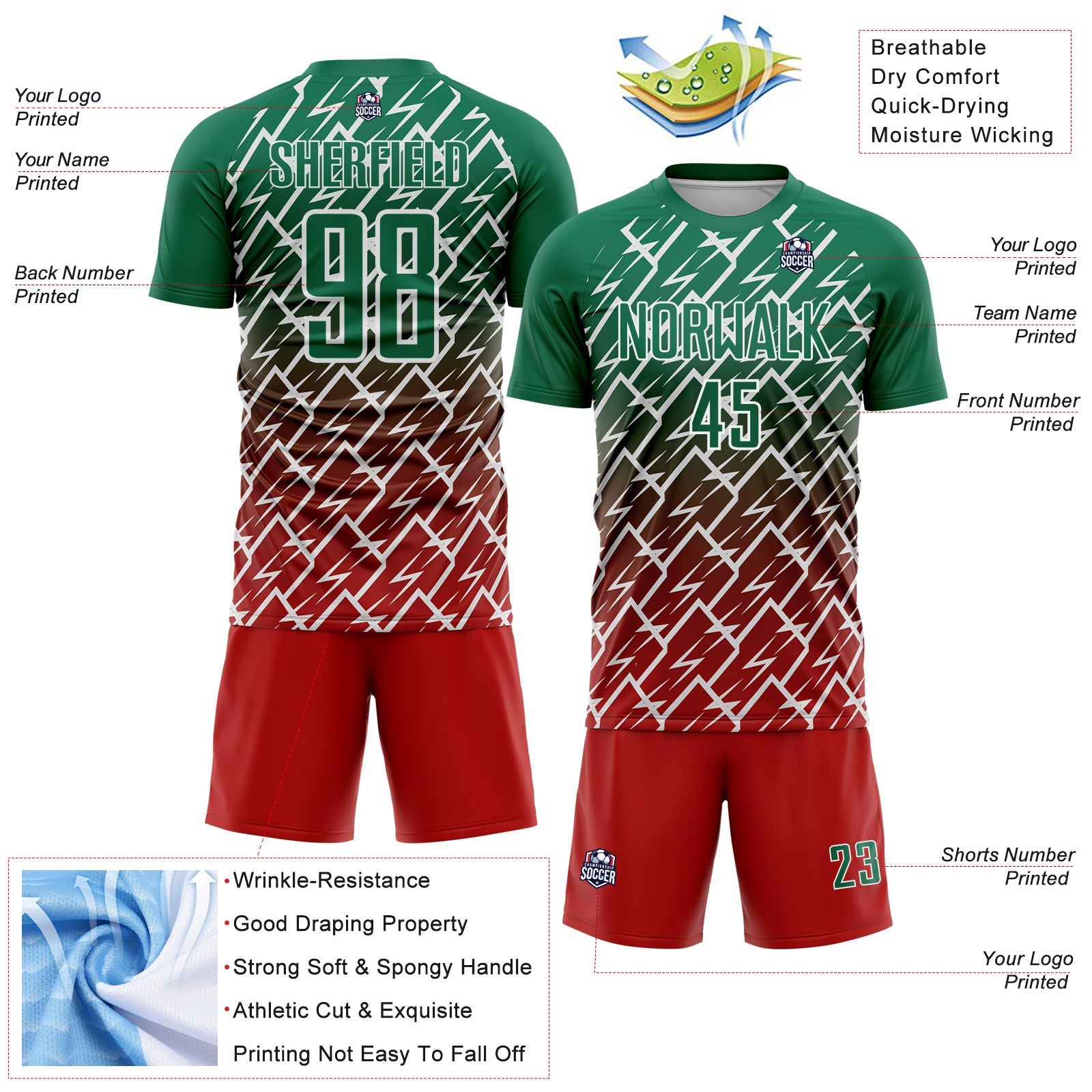 Custom Kelly Green Red-White Lightning Sports Sublimation Soccer Uniform Jersey