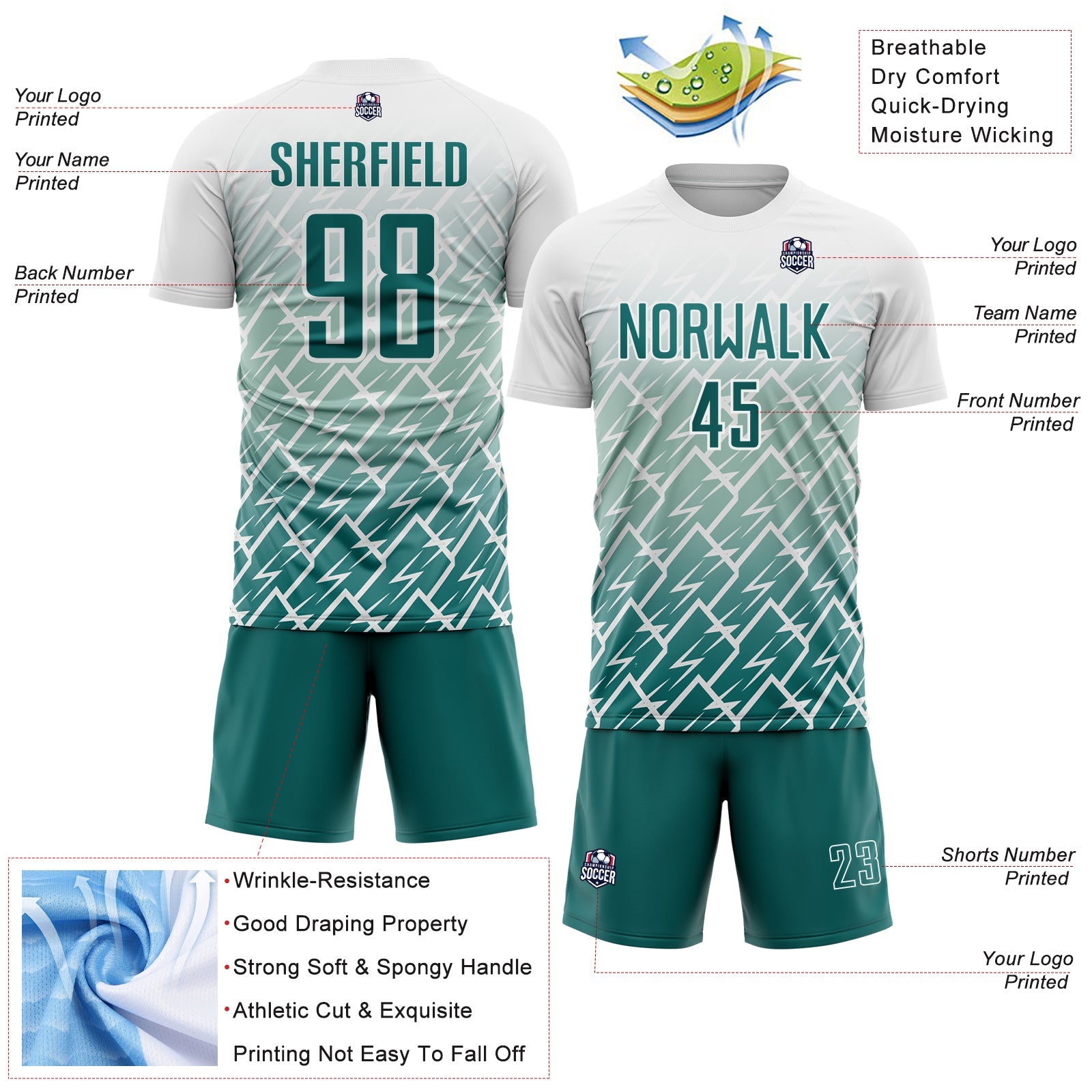 Custom White Teal Lightning Sports Sublimation Soccer Uniform Jersey
